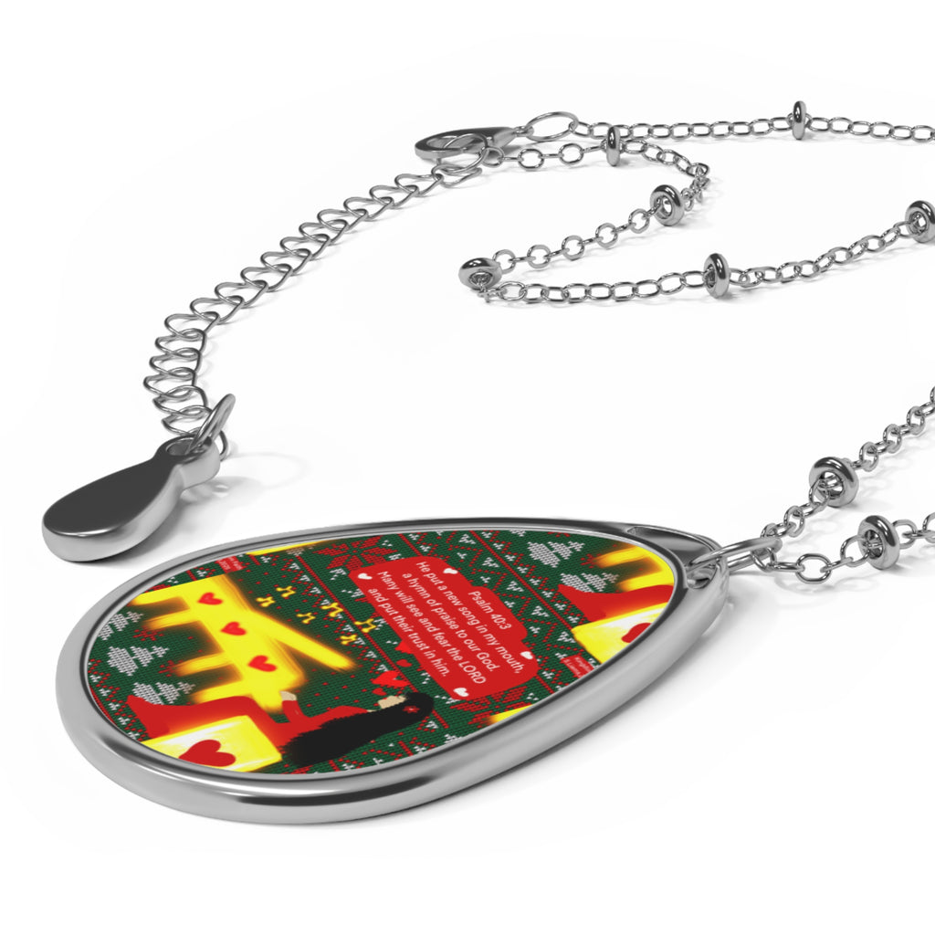 Christmas Oval Pendant Necklace — Festive Holiday Tree & Reindeer Design