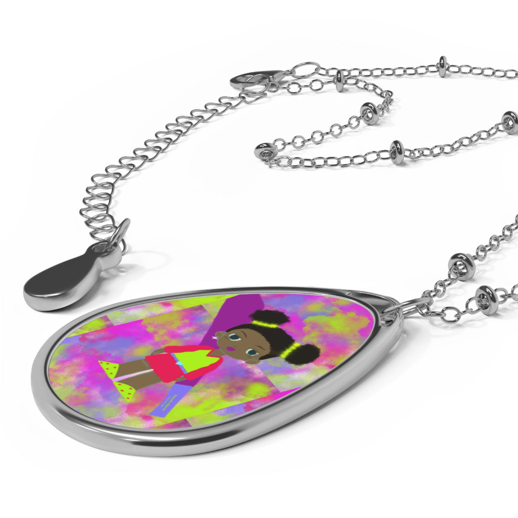 Oval Necklace — Cute Girl Illustration Teardrop Pendant Necklace