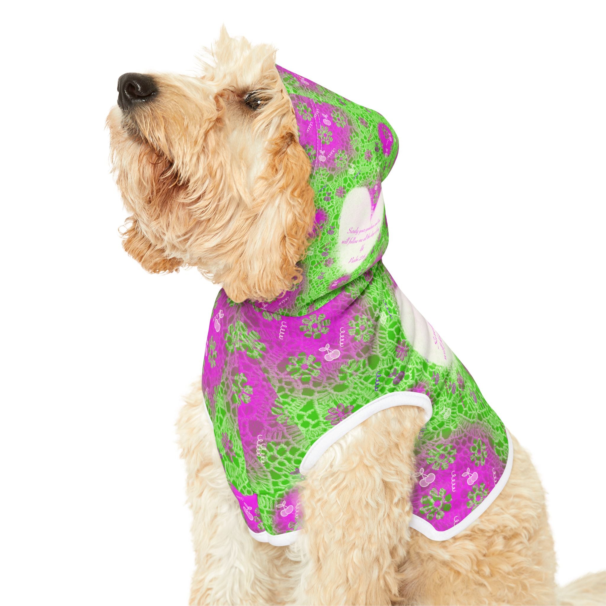 Pet Hoodie — Floral Green & Pink Heart Design with Psalm 23:6 Quote