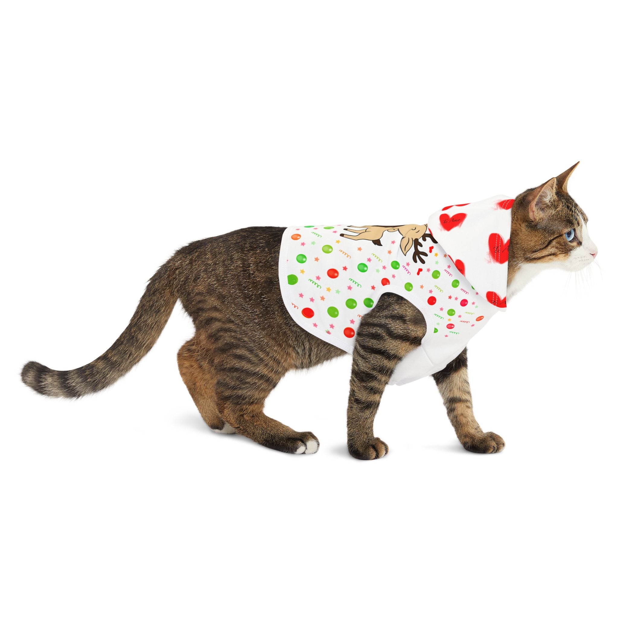 Christmas Elf & Reindeer Pet Hoodie – Cute Holiday Dog/Cat Sweater with Hearts & Confetti