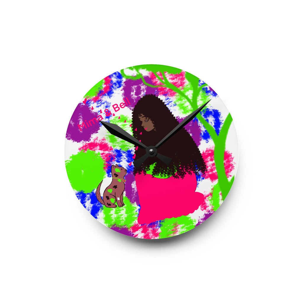 Colorful Folk Art Acrylic Wall Clock — Woman & Cat Illustration