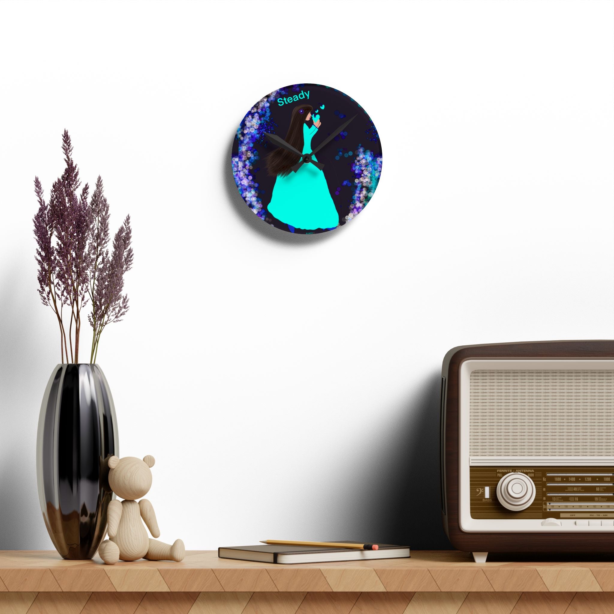 Steady Girl Acrylic Wall Clock — Teal Gown Night Sky Decor