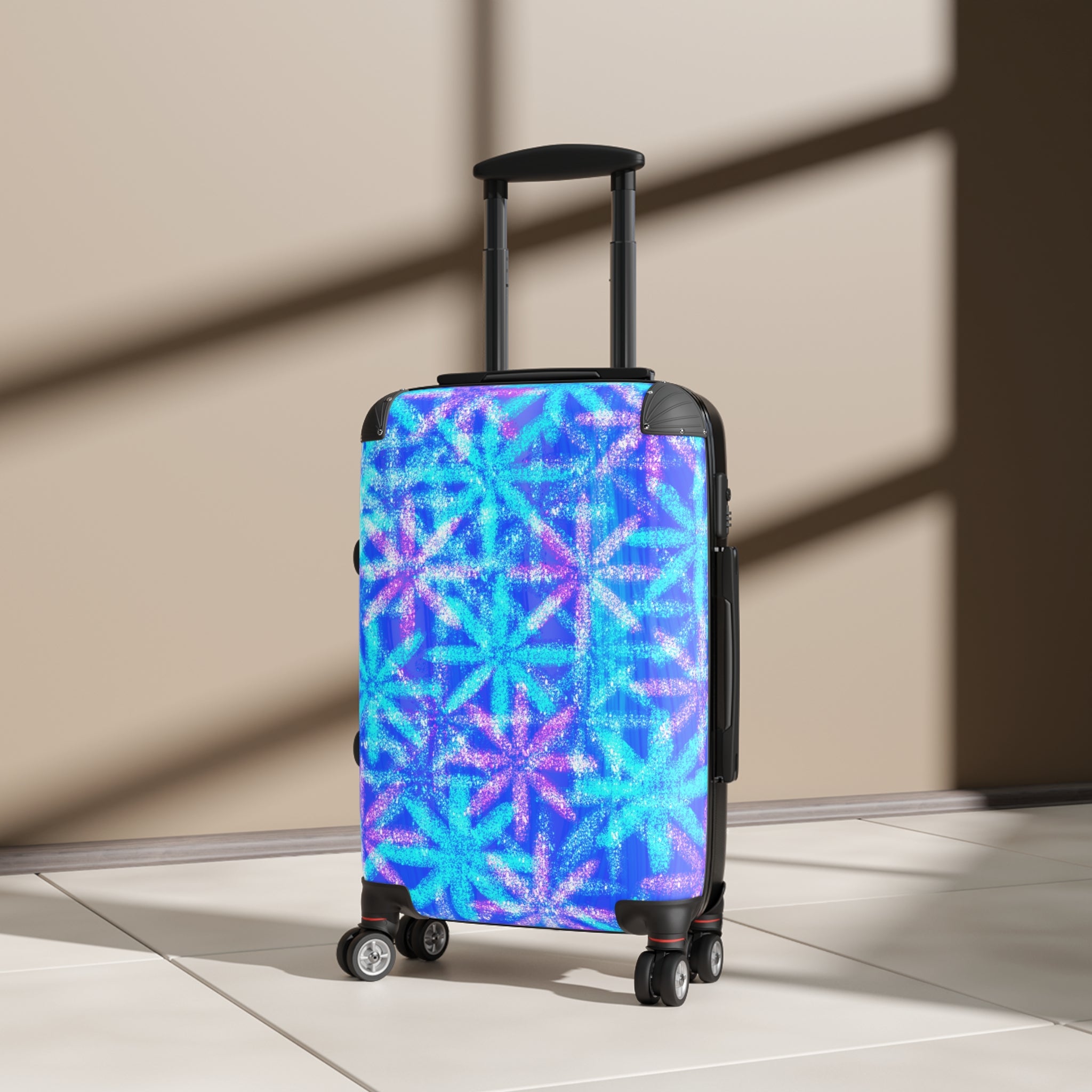 Carry-On Suitcase with Blue Geometric Starburst Print – Vibrant Travel Luggage