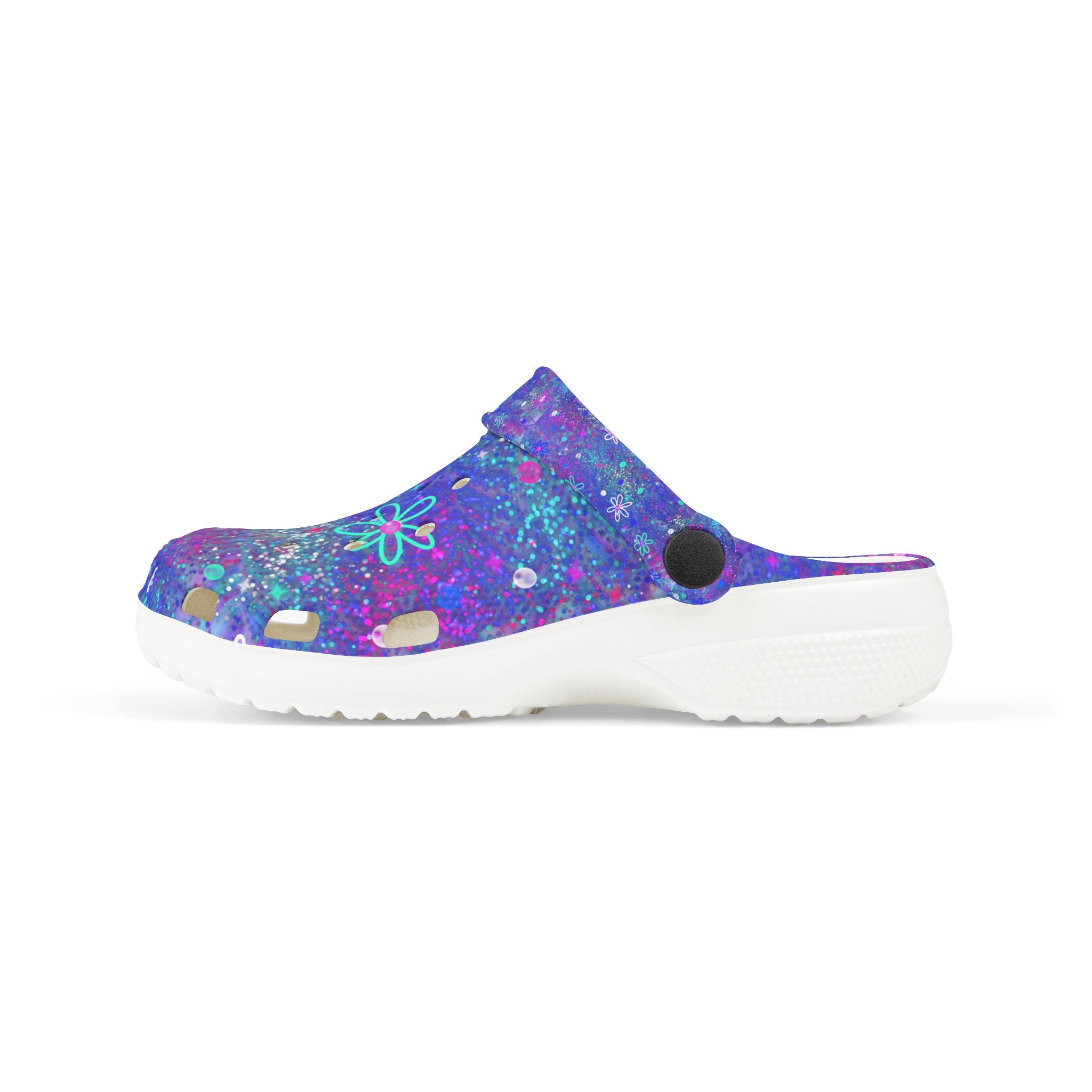 Kids Floral Galaxy EVA Foam Clogs — Purple Sparkle All-Over Print