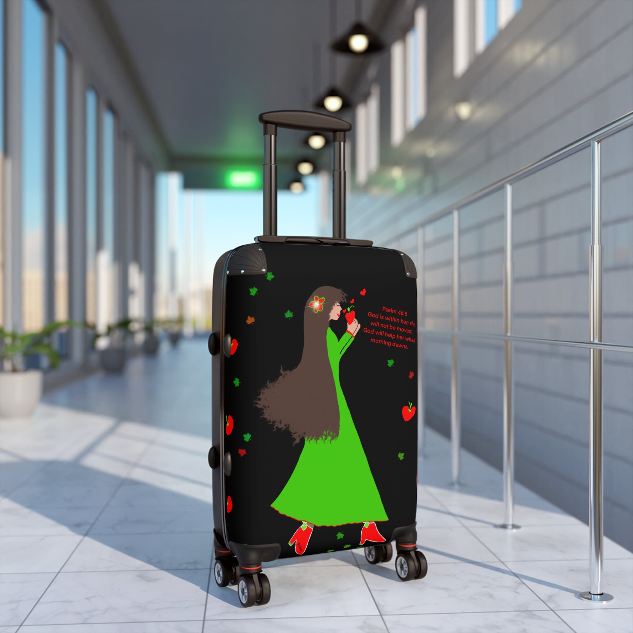Suitcase — Whimsical Green Dress Traveler Luggage with 'Peace' Design