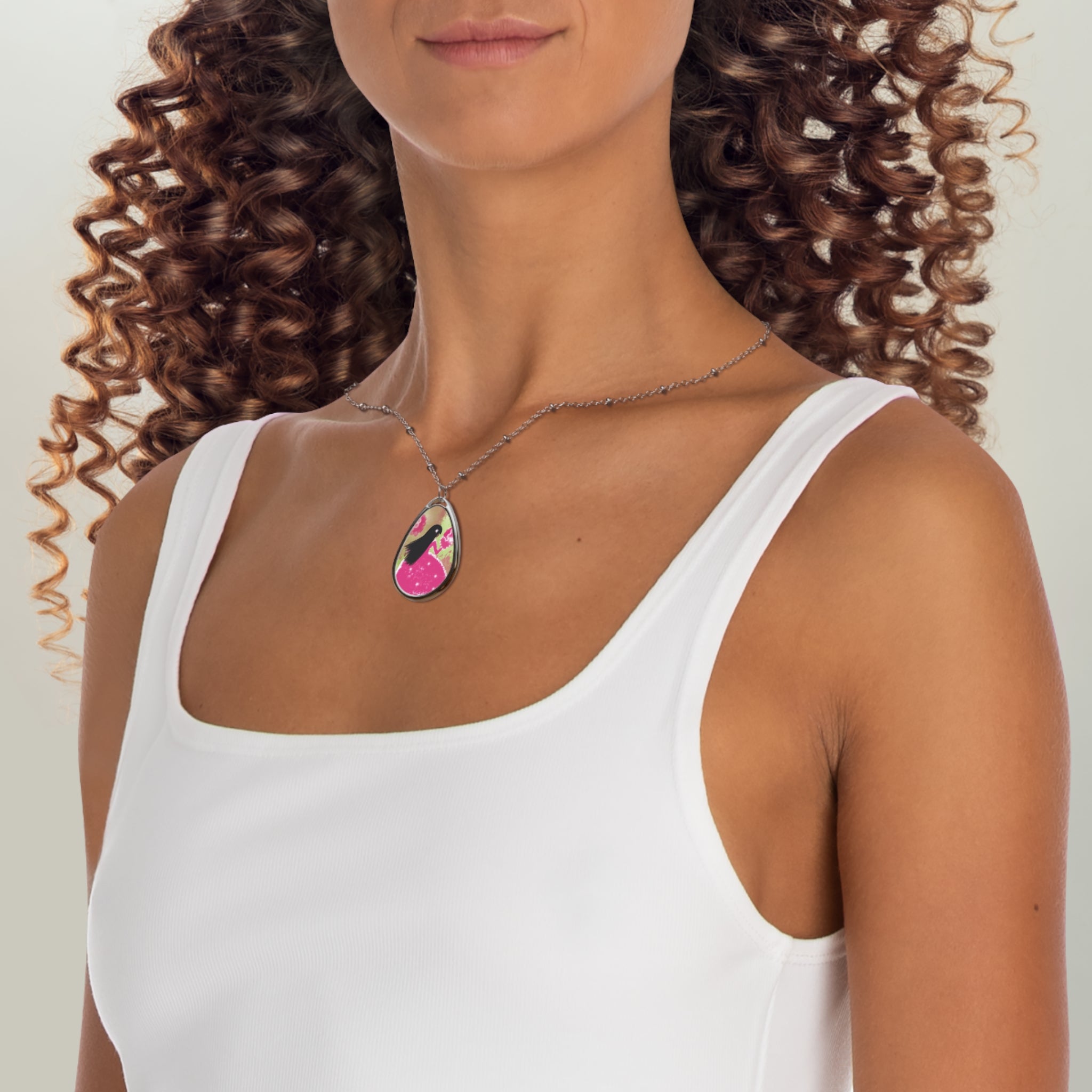 Bird Silhouette Oval Necklace — Pink Floral Pendant Jewelry