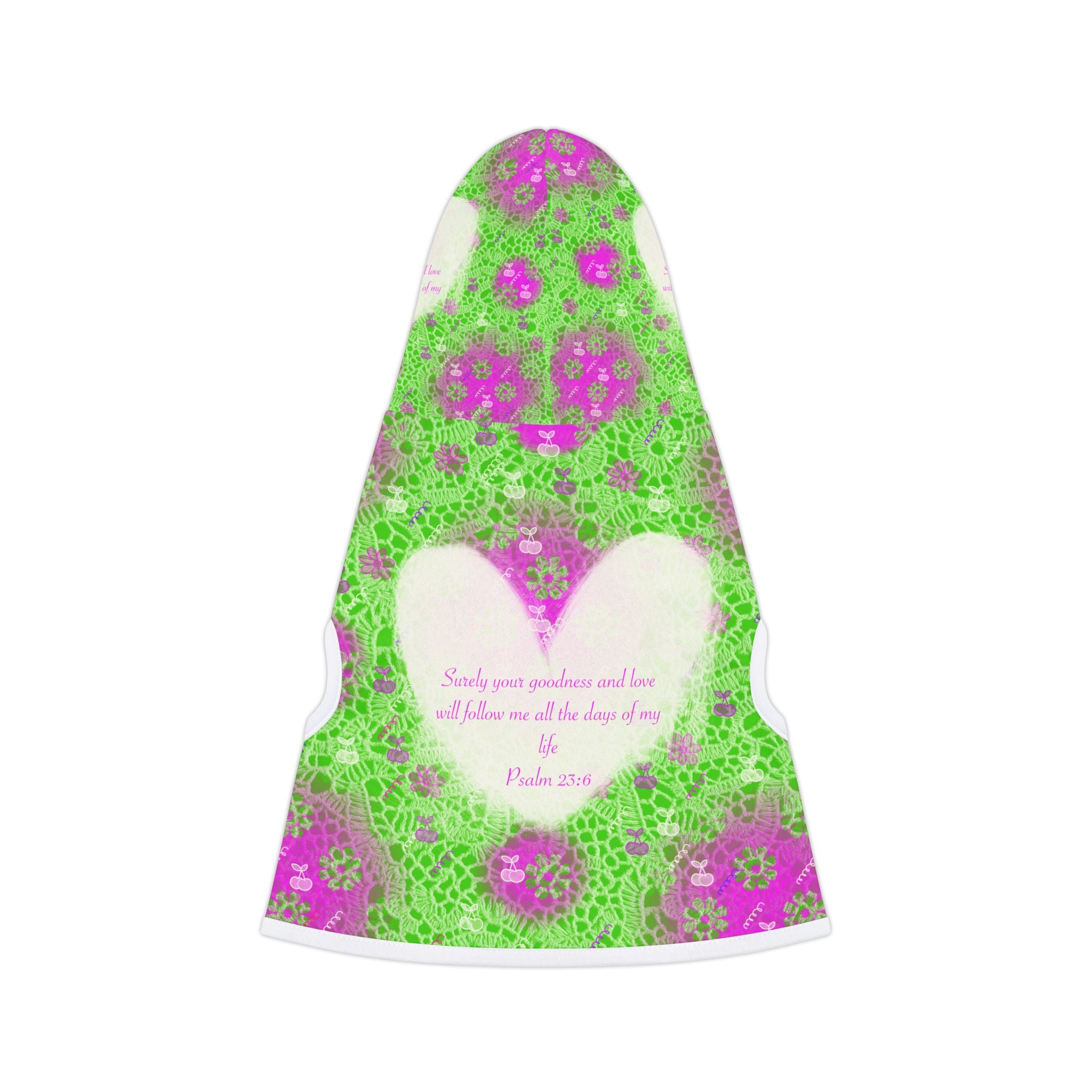 Pet Hoodie — Floral Green & Pink Heart Design with Psalm 23:6 Quote