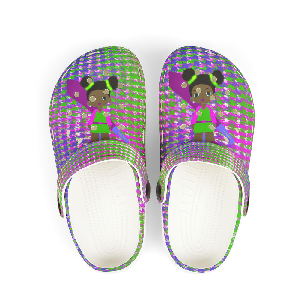 Kids Foam Clogs — Colorful Pattern with Cute Girl Graphic