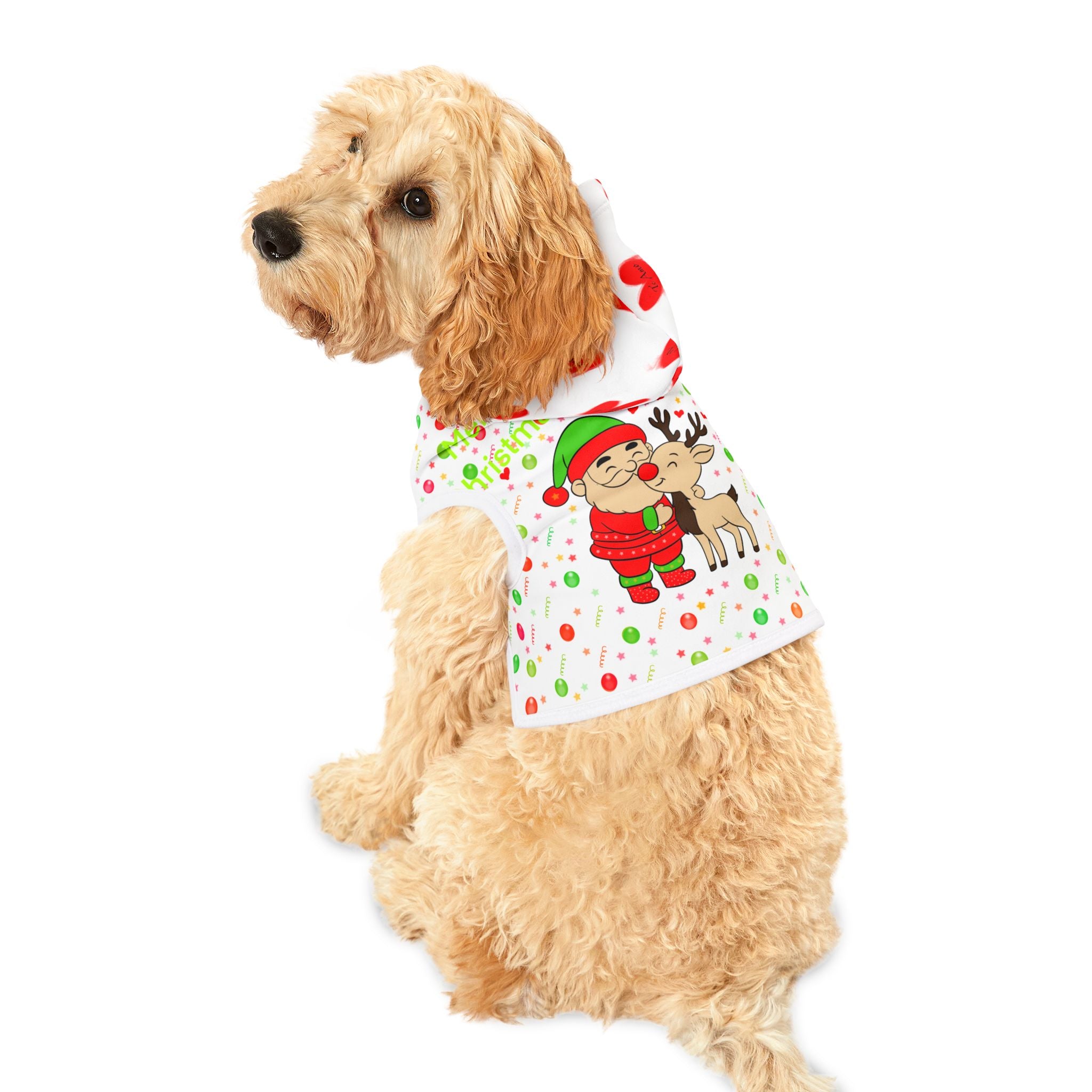 Christmas Elf & Reindeer Pet Hoodie – Cute Holiday Dog/Cat Sweater with Hearts & Confetti