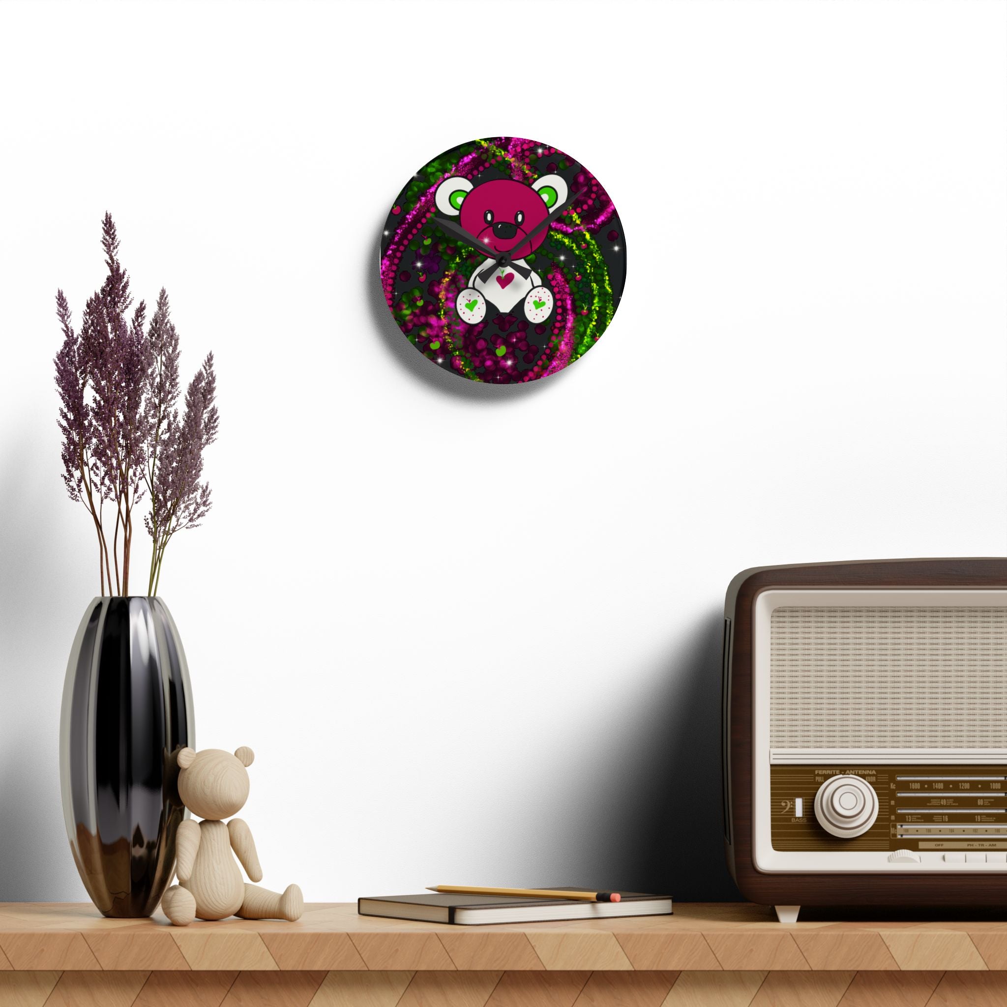 Teddy Bear Acrylic Wall Clock — Cute Pink Bear on Neon Swirl Background