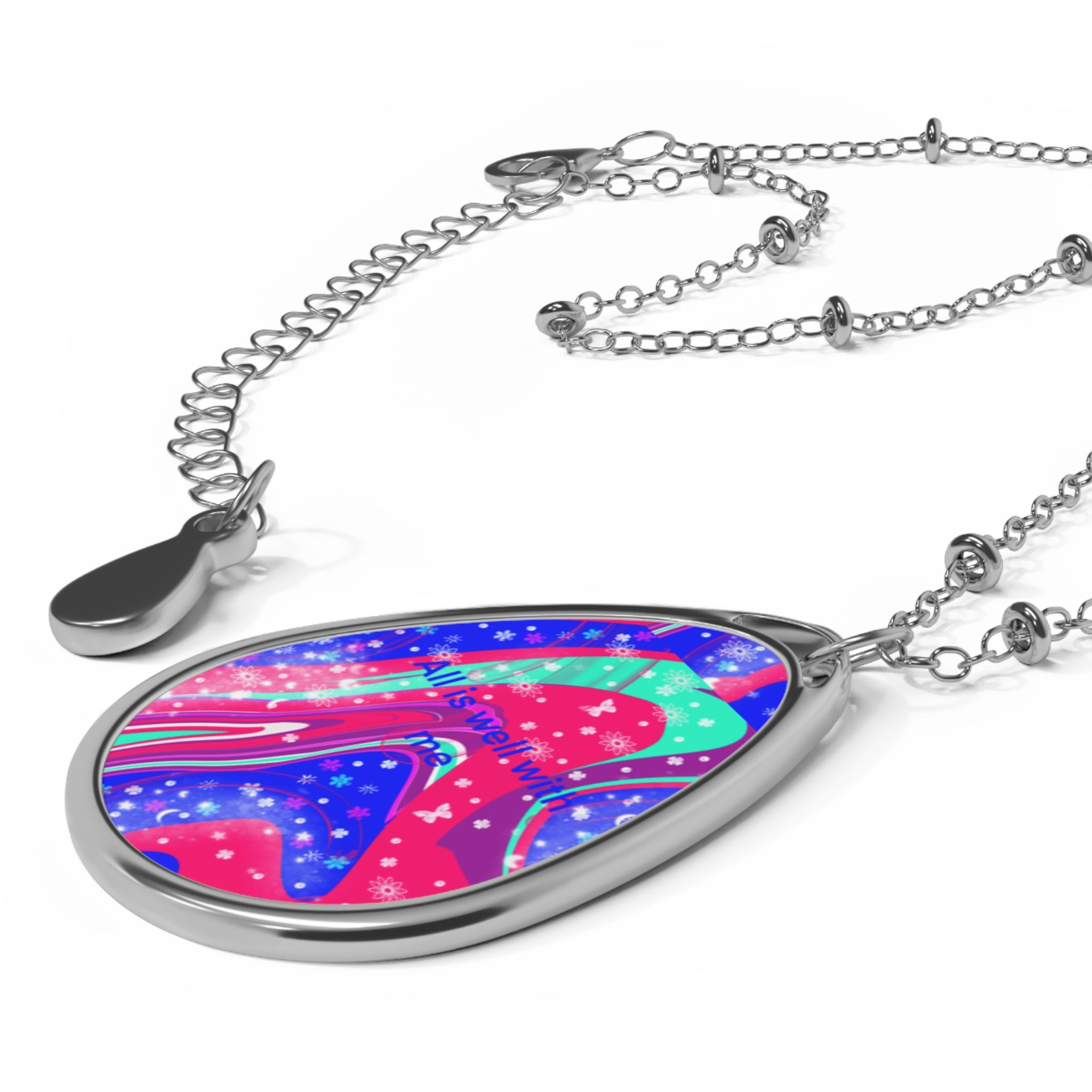 Colorful Abstract Oval Necklace Pendant — Silver Teardrop Art Jewelry