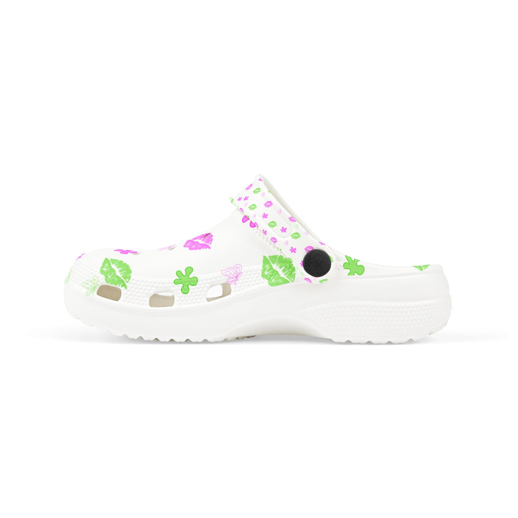 Kids Floral & Lips EVA Foam Clogs — Pink & Green Patterned Slip-On Sandals