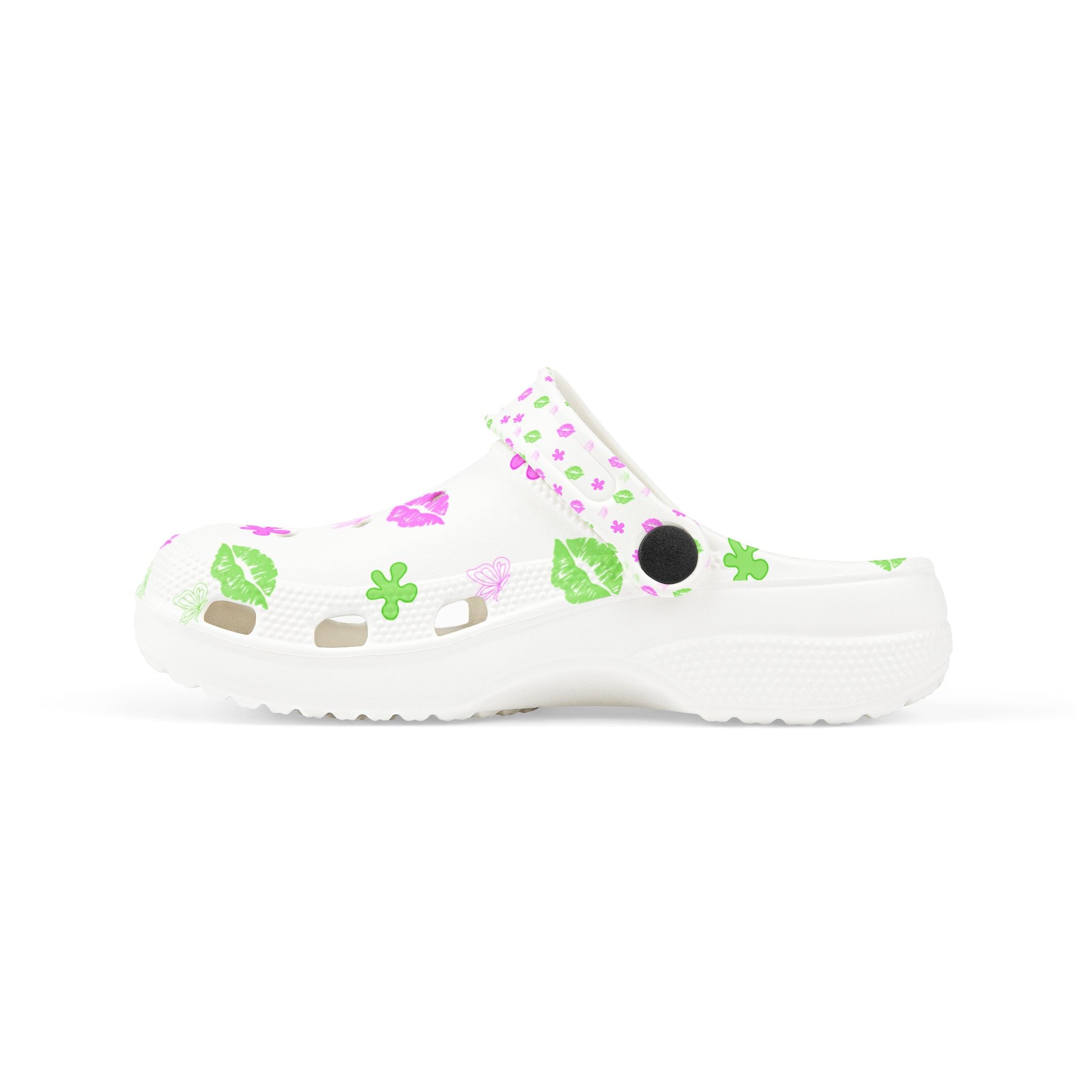 Kids Floral & Lips EVA Foam Clogs — Pink & Green Patterned Slip-On Sandals