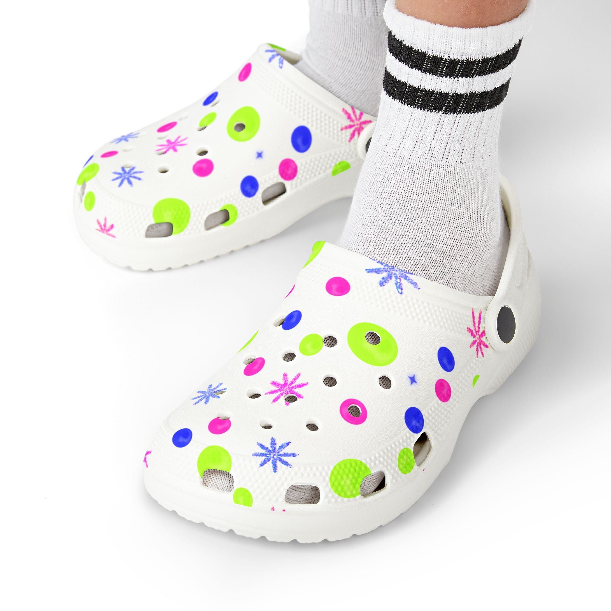 Kids EVA Foam Clogs — White Neon Polka Dot Splash