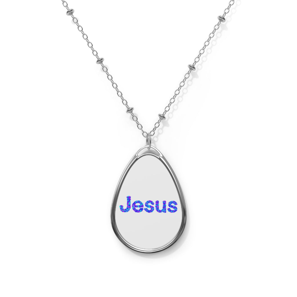 Jesus Oval Pendant Necklace — Religious Faith Silver Teardrop Necklace