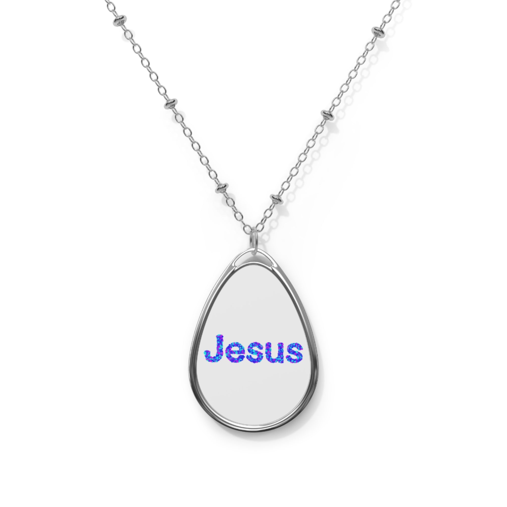 Jesus Oval Pendant Necklace — Religious Faith Silver Teardrop Necklace
