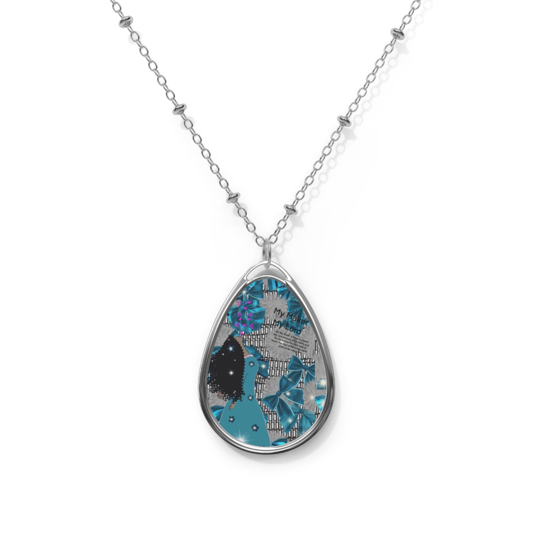 Oval Pendant Necklace — Blue Floral Collage Teardrop Jewelry