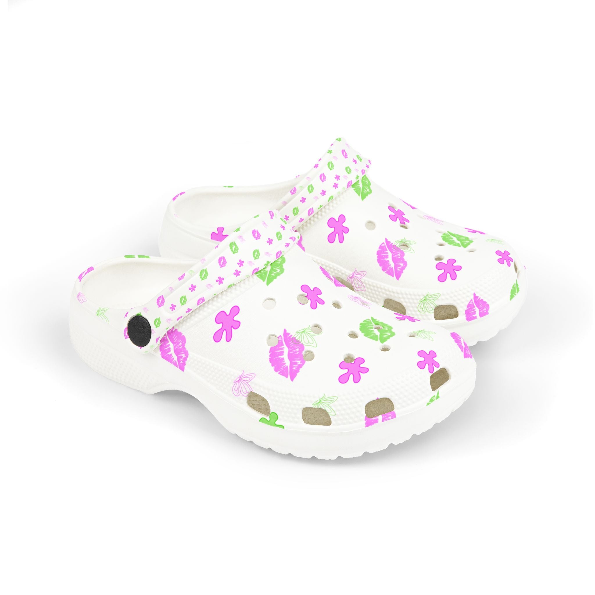 Kids Floral & Lips EVA Foam Clogs — Pink & Green Patterned Slip-On Sandals