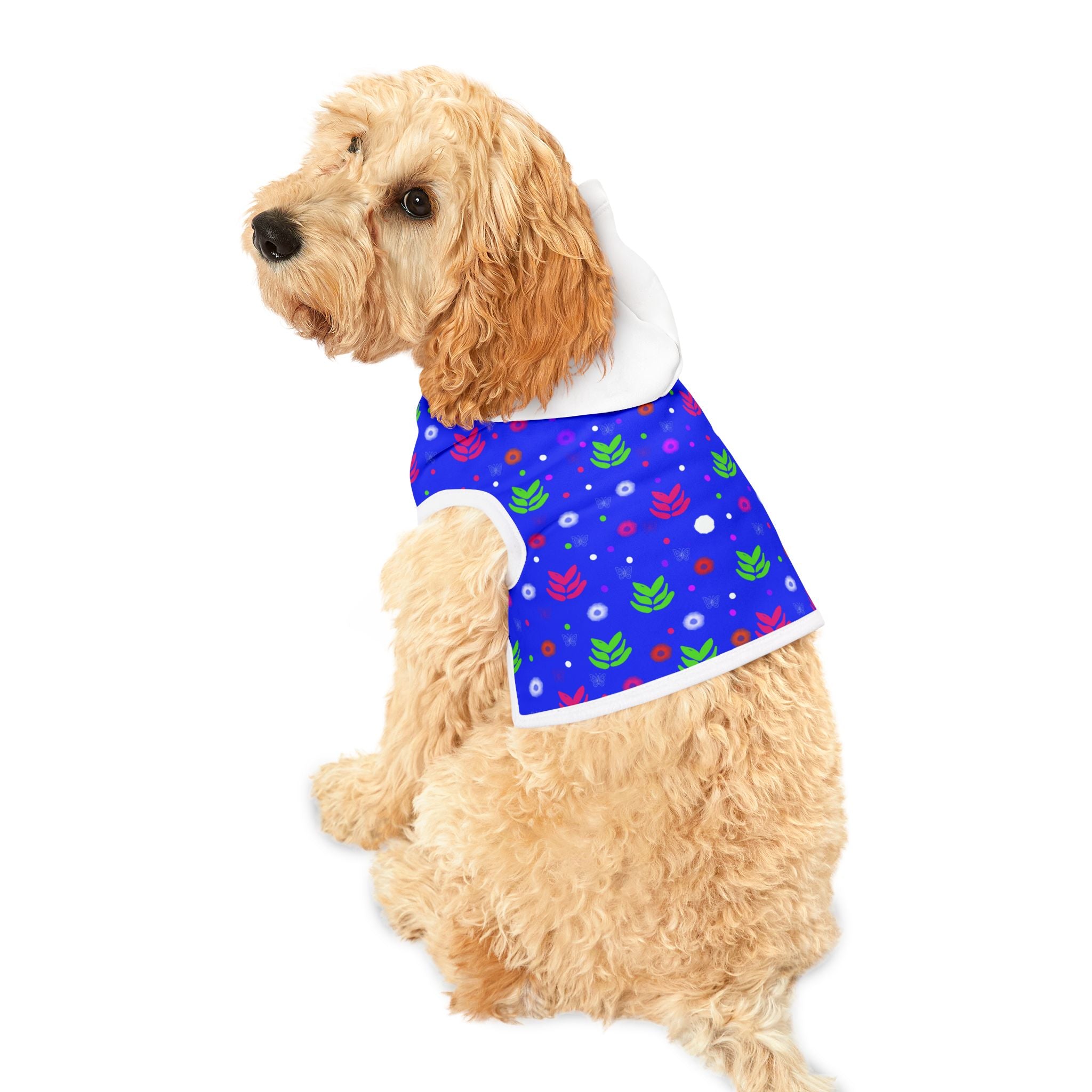 Blue Floral Pet Hoodie – Colorful Leaf & Dot Pattern Dog Hoodie