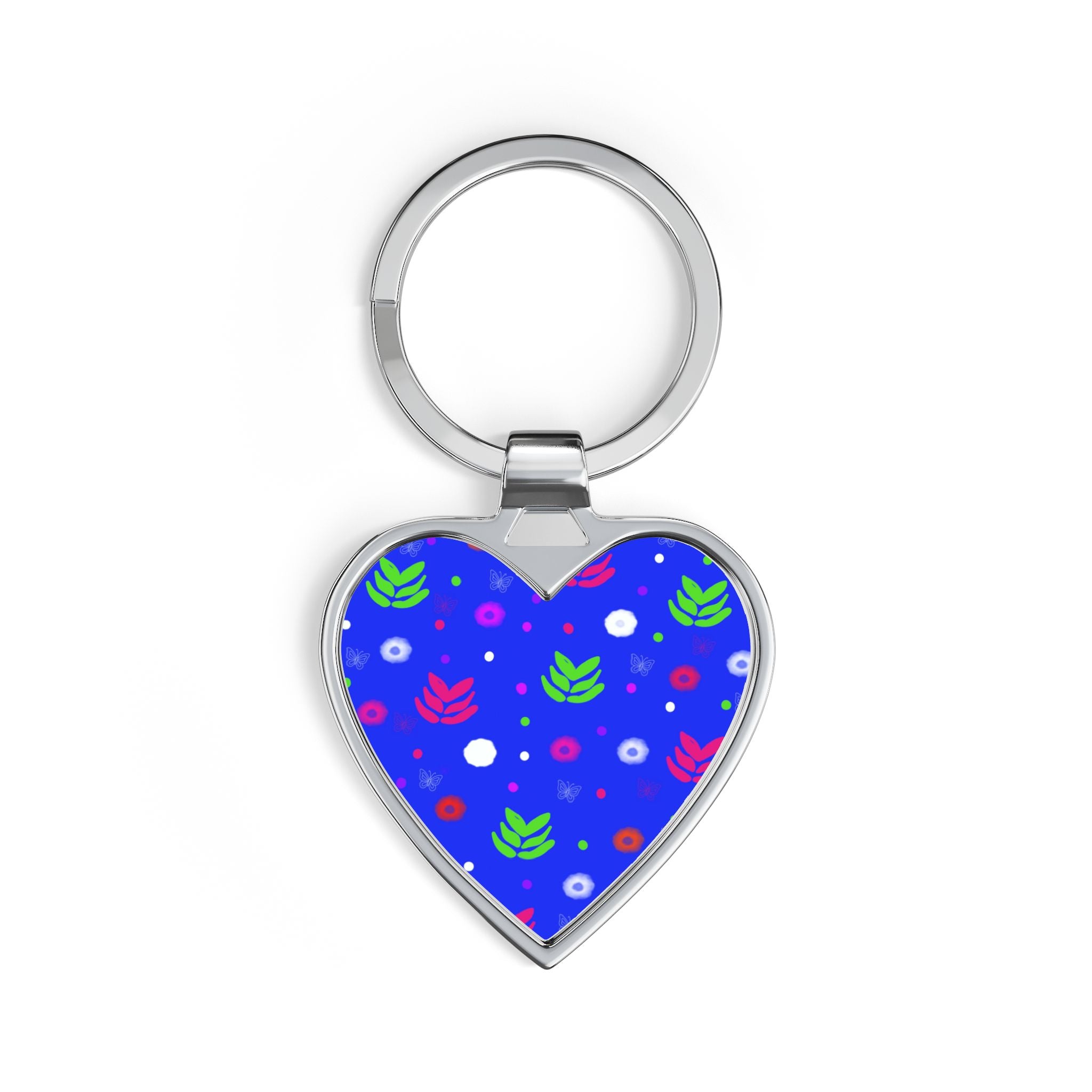 Heart Keychain — Blue Floral Pattern Heart Keyring, Cute Garden Gift for Her