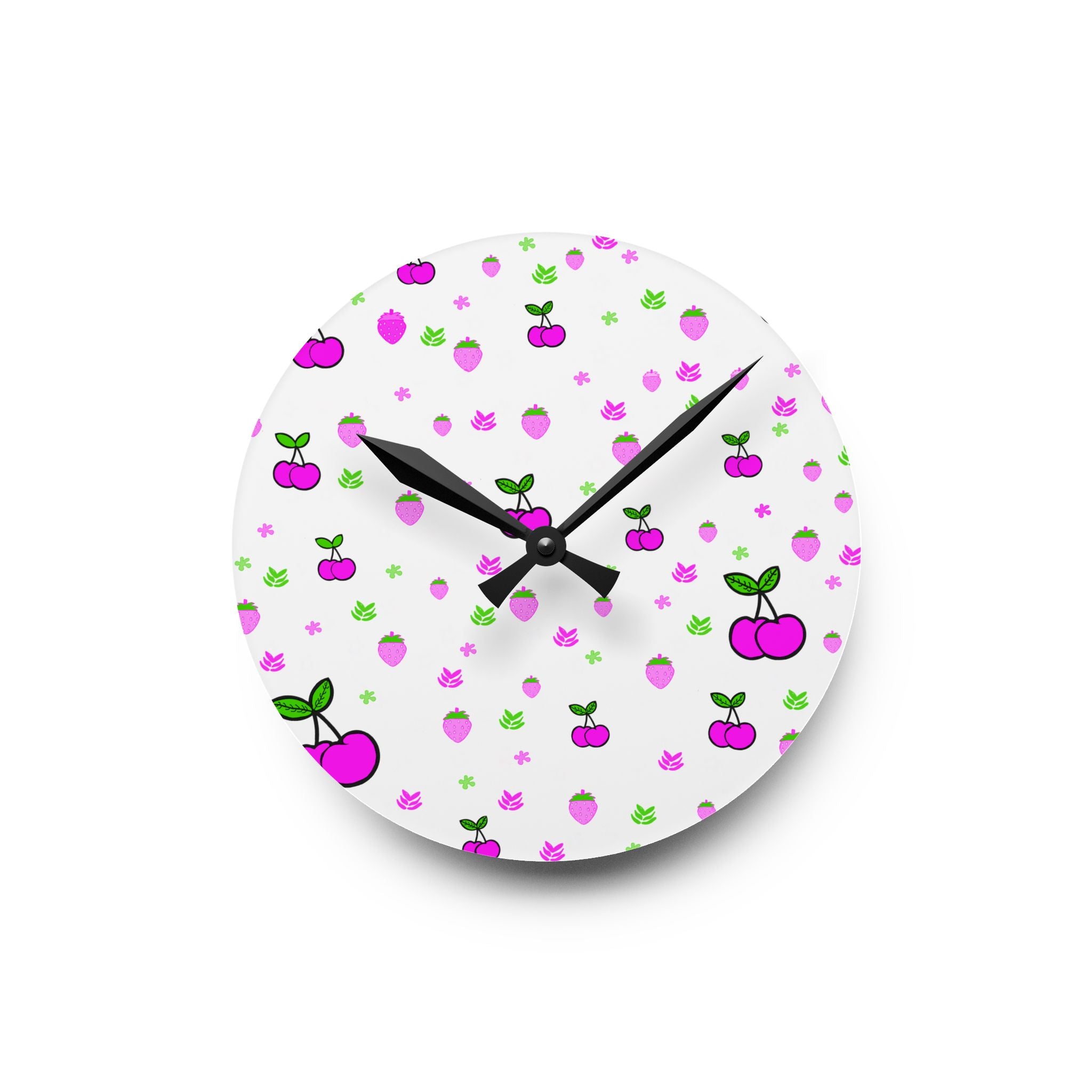 Pink Cherry Pattern Acrylic Wall Clock — Cute Kawaii Fruit Decor