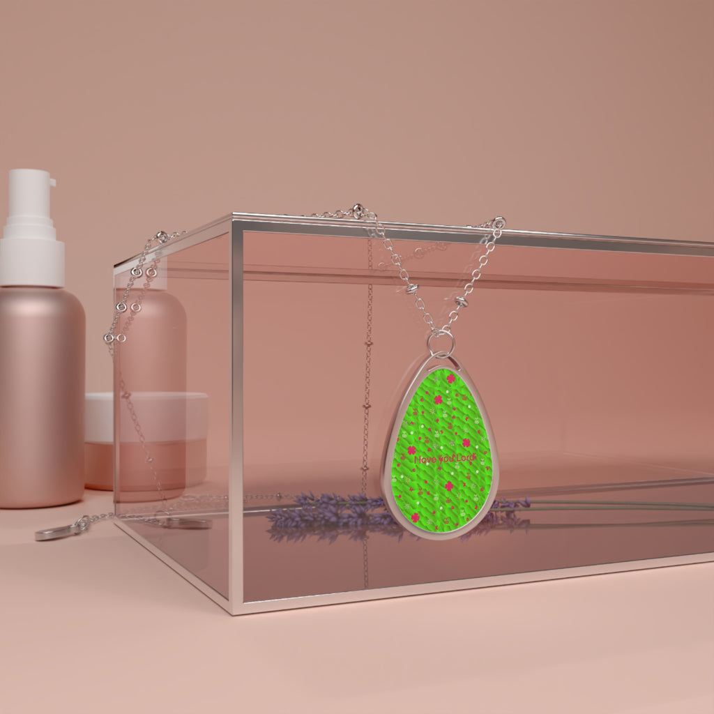 Green Meadow Oval Pendant Necklace — Personalized Teardrop Locket