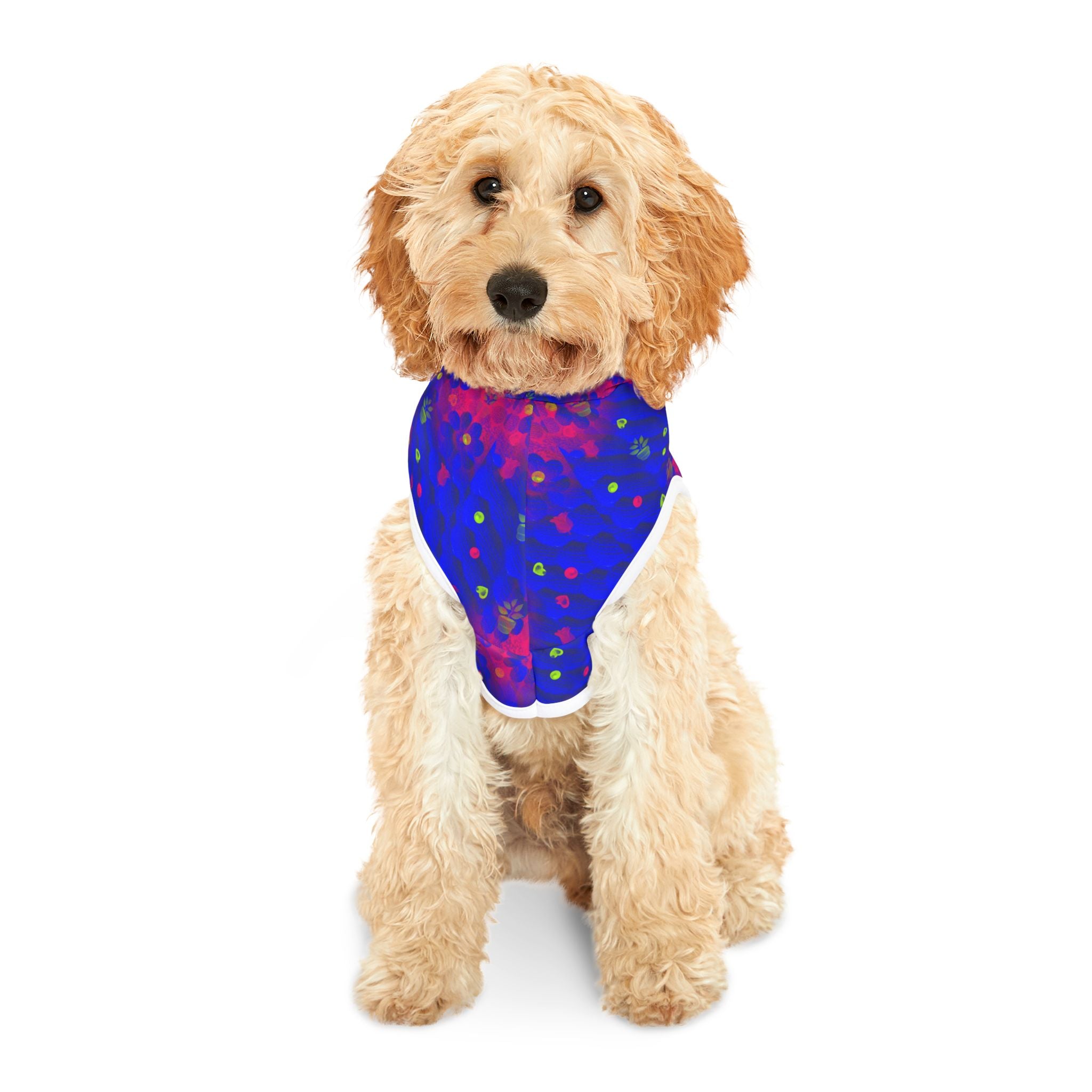 Floral Night Sky Pet Hoodie — Blue & Pink Paw Print Dog Hoodie