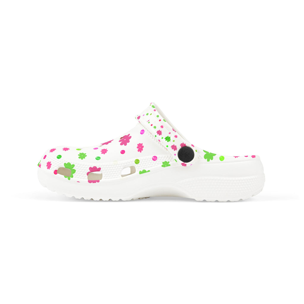 Kids Floral Foam Clogs — White Pink & Green Flower Slip-On Shoes