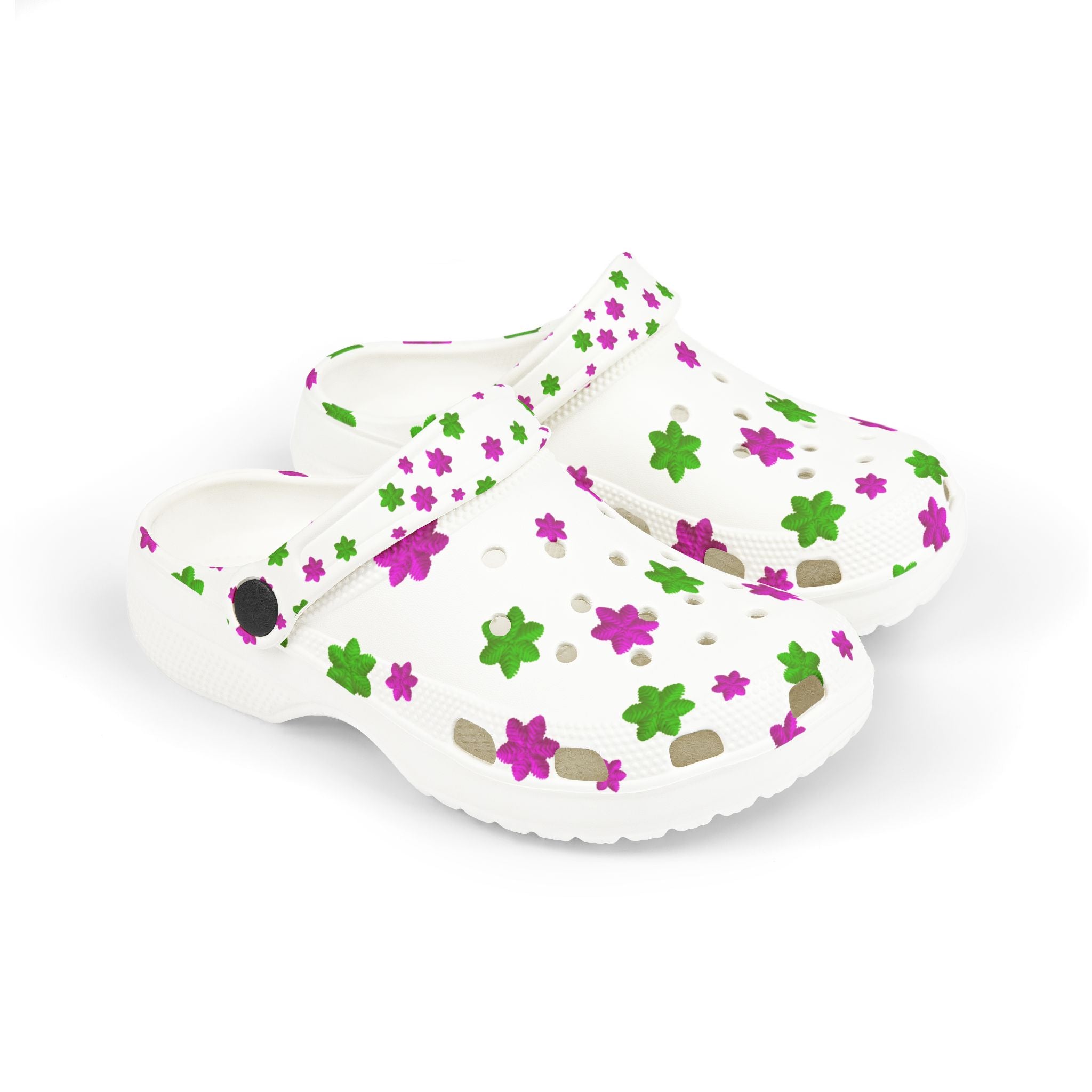 Kids Floral EVA Foam Clogs — White Pink & Green Flower Print