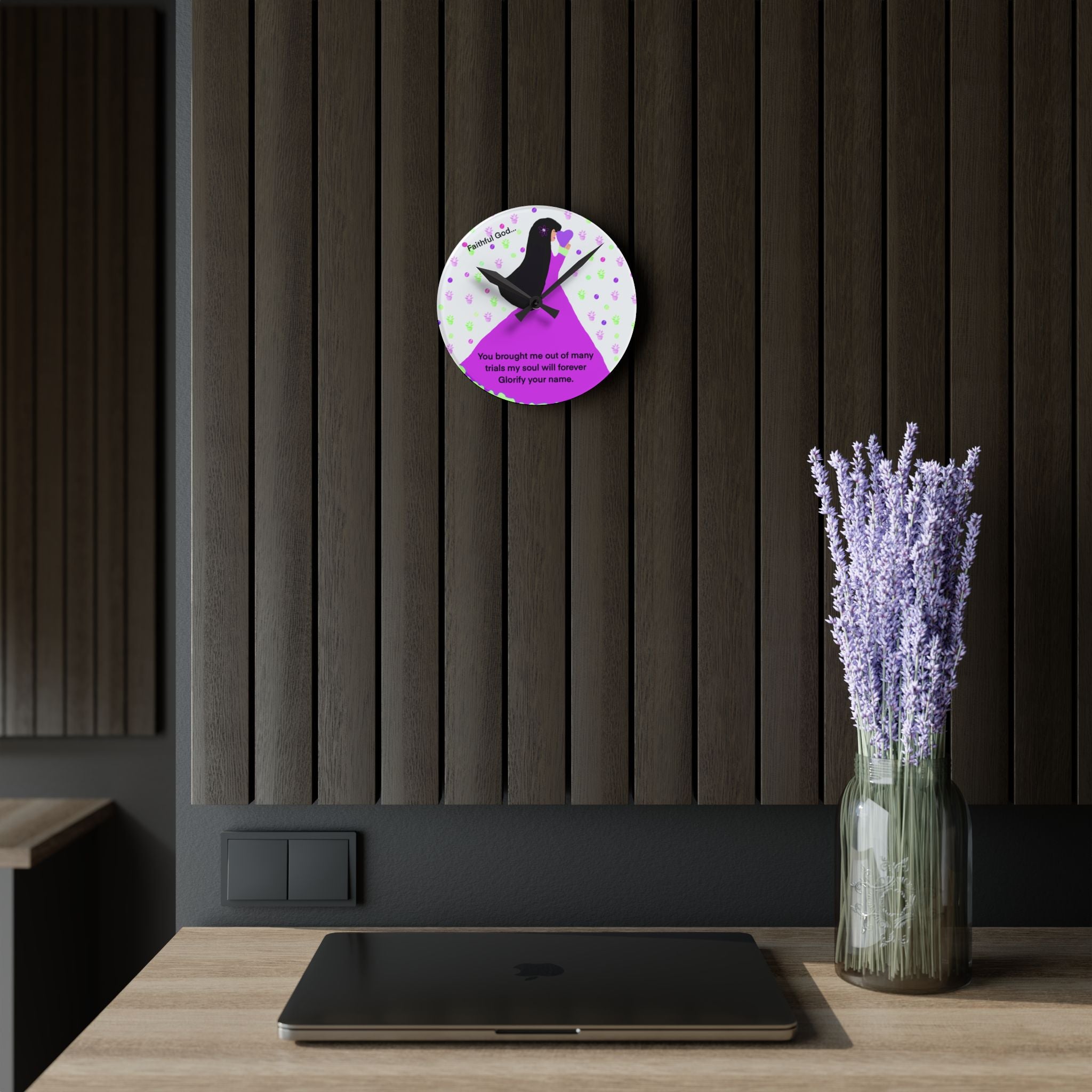 Faithful God Acrylic Wall Clock — Inspirational Christian Quote Decor (“You brought me out of many trials…”)