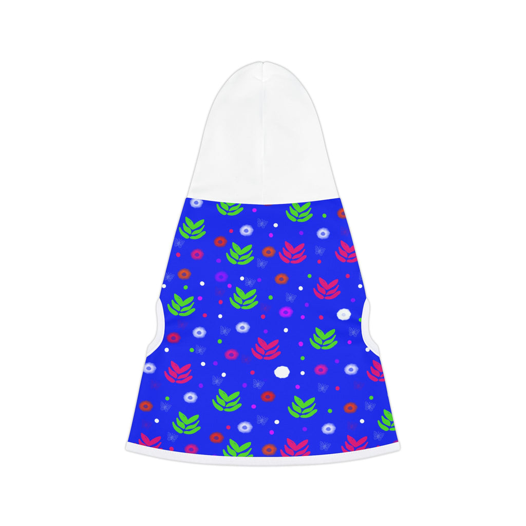 Blue Floral Pet Hoodie – Colorful Leaf & Dot Pattern Dog Hoodie