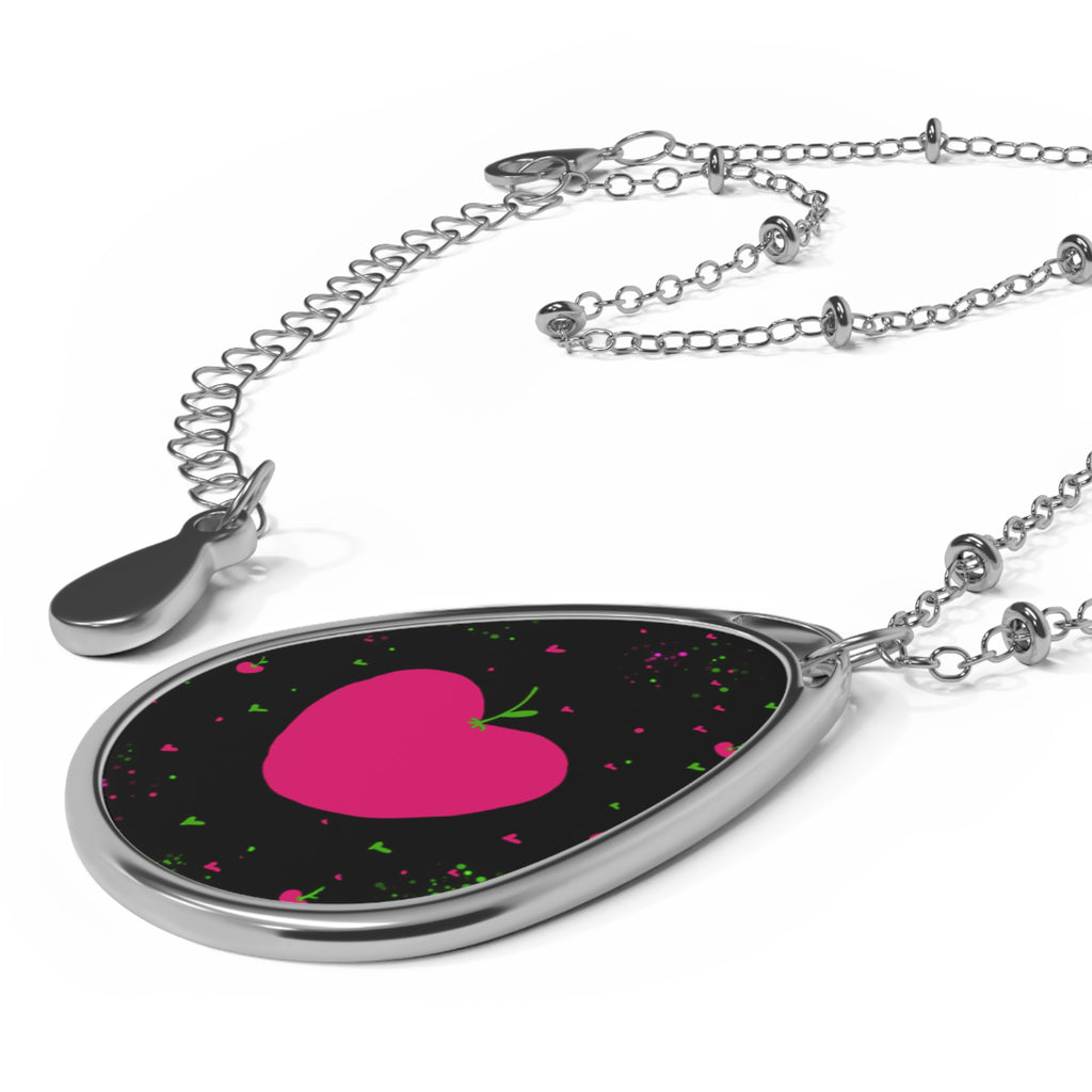 Heart Apple Oval Necklace — Pink Heart Pendant on Black Stardust Background