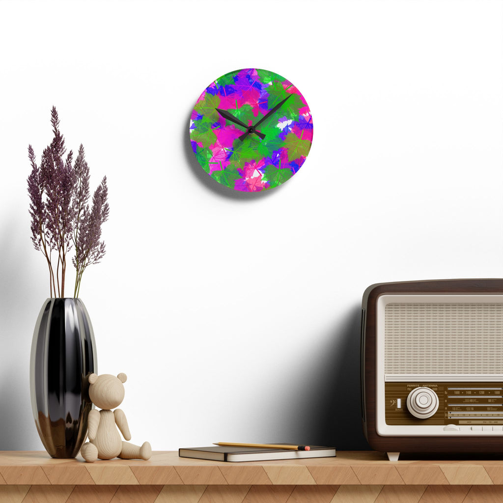 Vibrant Floral Acrylic Wall Clock — Bright Pink & Green Leaf Pattern
