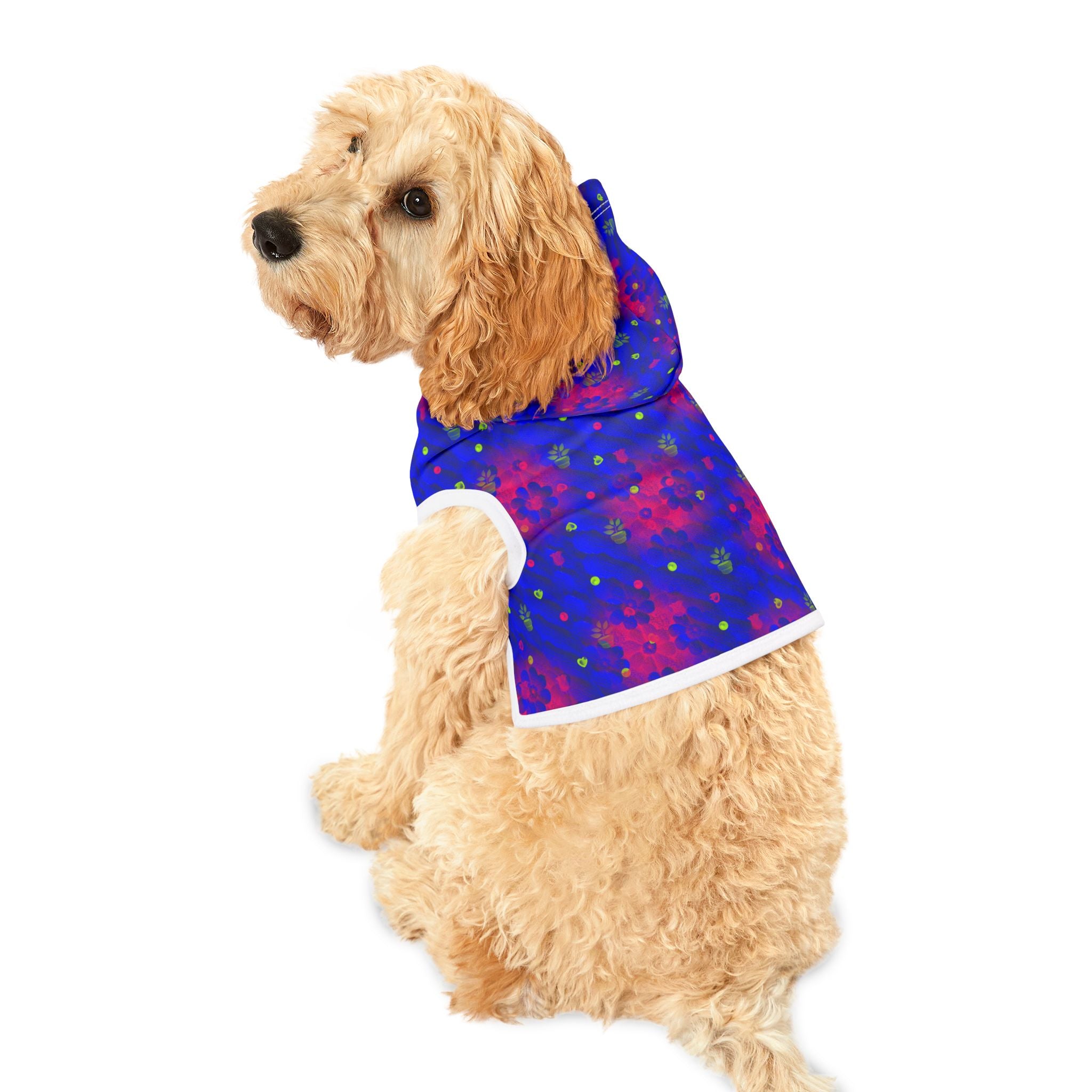 Floral Night Sky Pet Hoodie — Blue & Pink Paw Print Dog Hoodie
