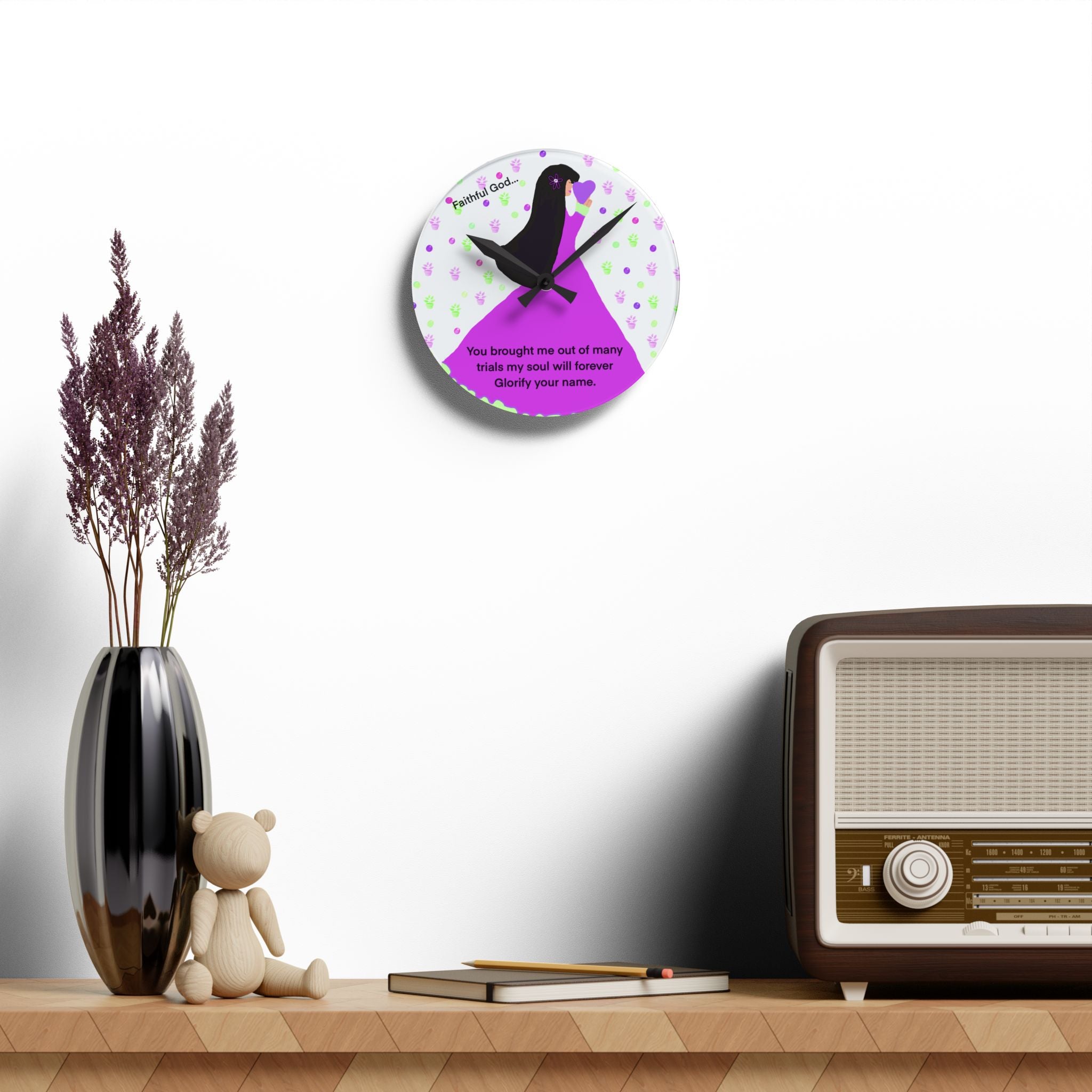 Faithful God Acrylic Wall Clock — Inspirational Christian Quote Decor (“You brought me out of many trials…”)