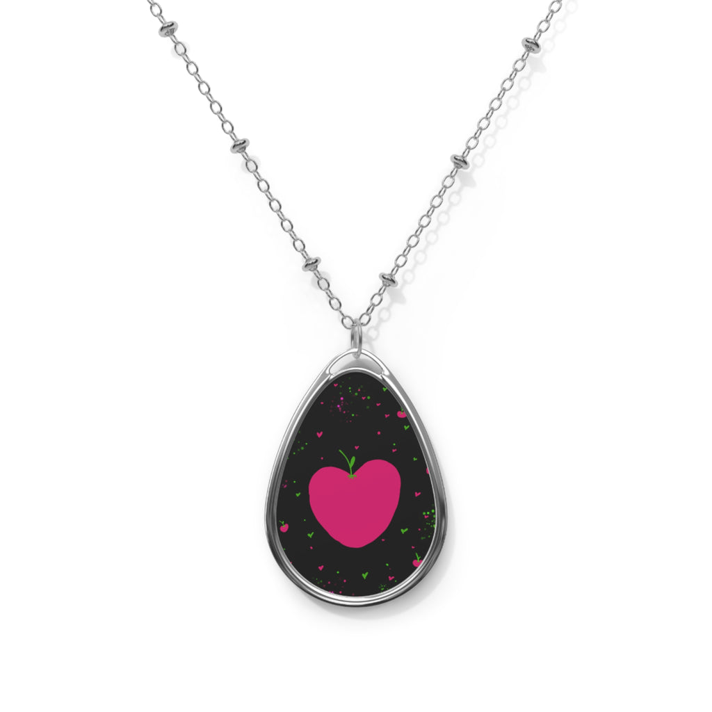 Heart Apple Oval Necklace — Pink Heart Pendant on Black Stardust Background