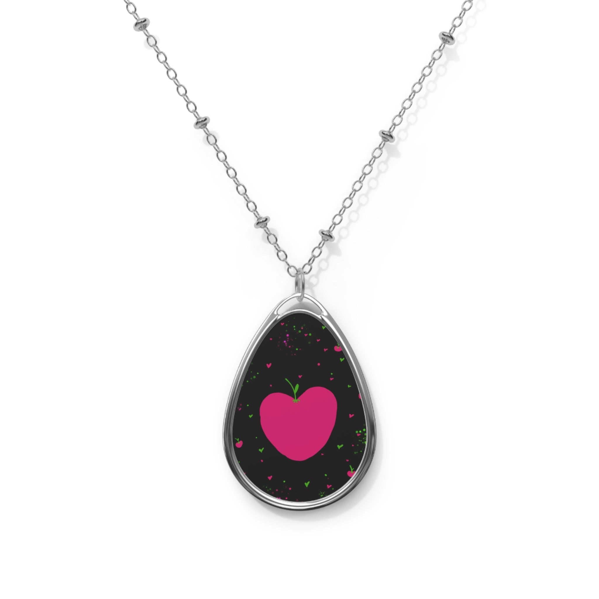 Heart Apple Oval Necklace — Pink Heart Pendant on Black Stardust Background