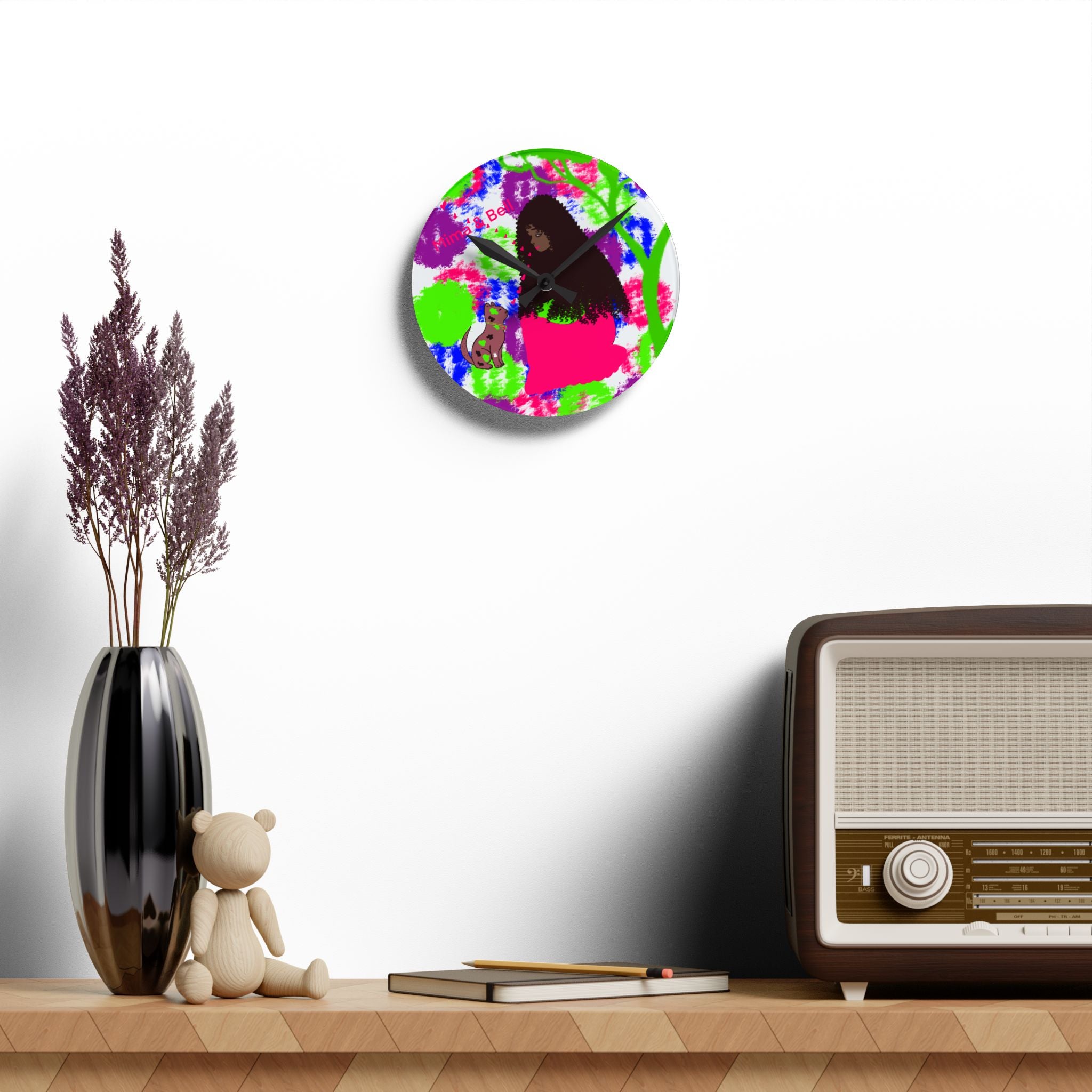 Colorful Folk Art Acrylic Wall Clock — Woman & Cat Illustration