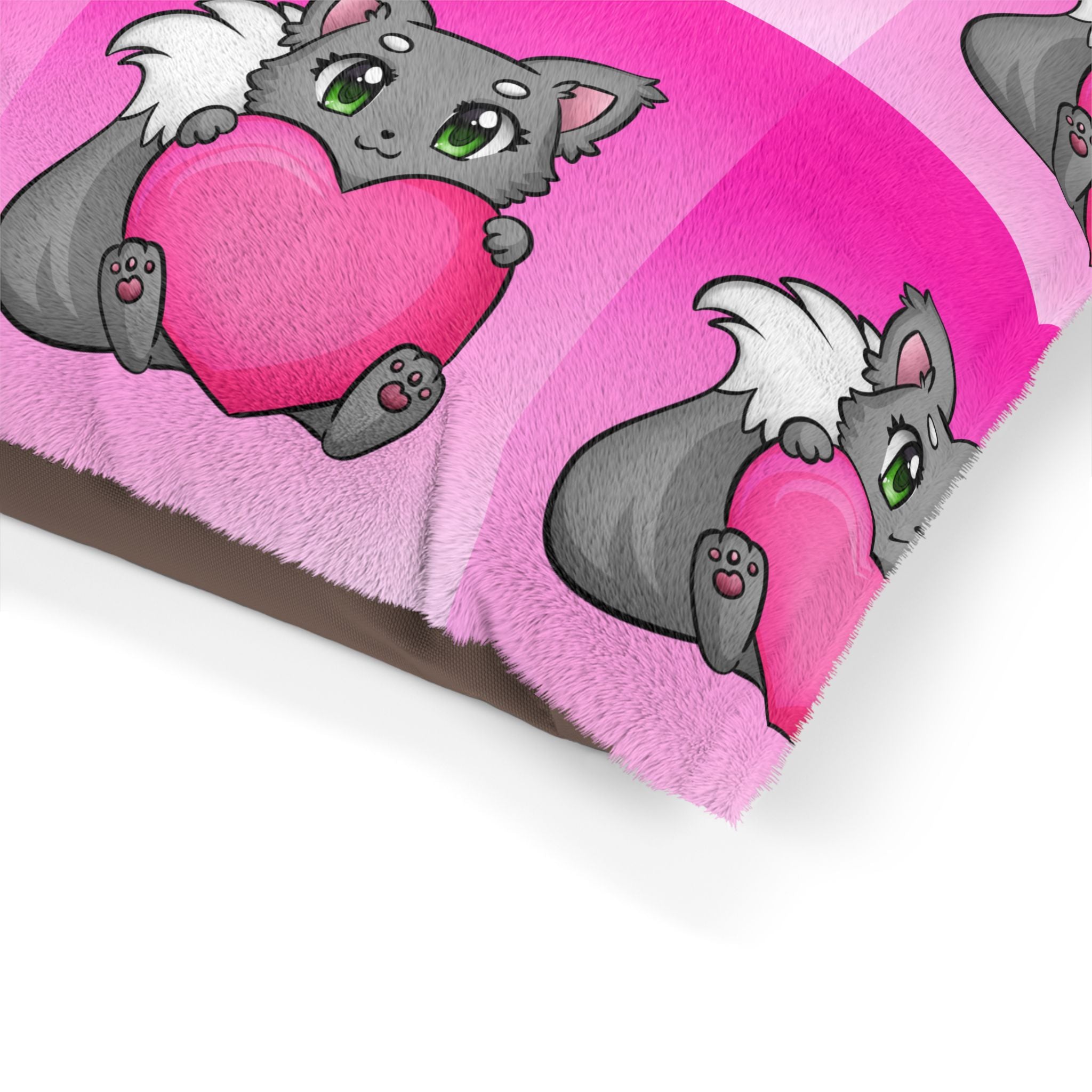 Cute Gray Kitten Holding Heart Pet Bed — Pink Valentine Dog & Cat Cushion