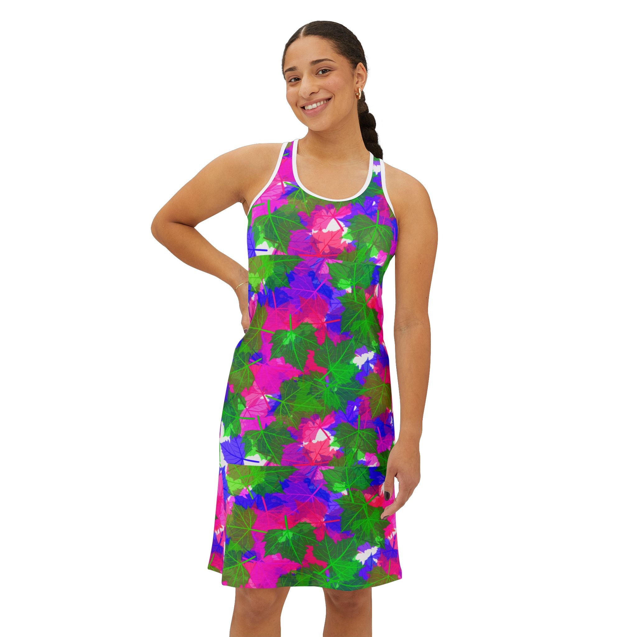 Floral Tie-Dye Racerback Dress — Bright Pink, Green & Purple All-Over Print