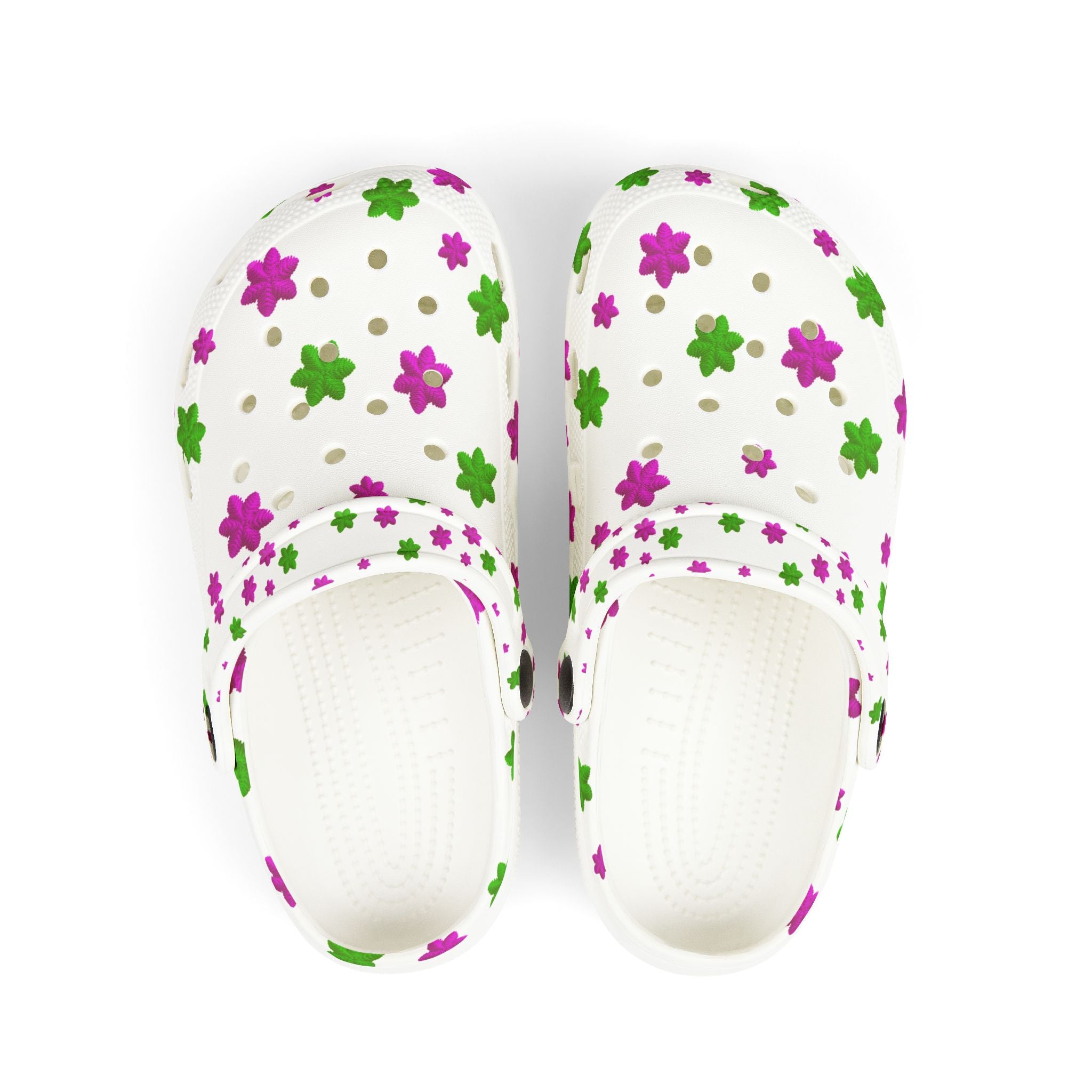 Kids Floral EVA Foam Clogs — White Pink & Green Flower Print