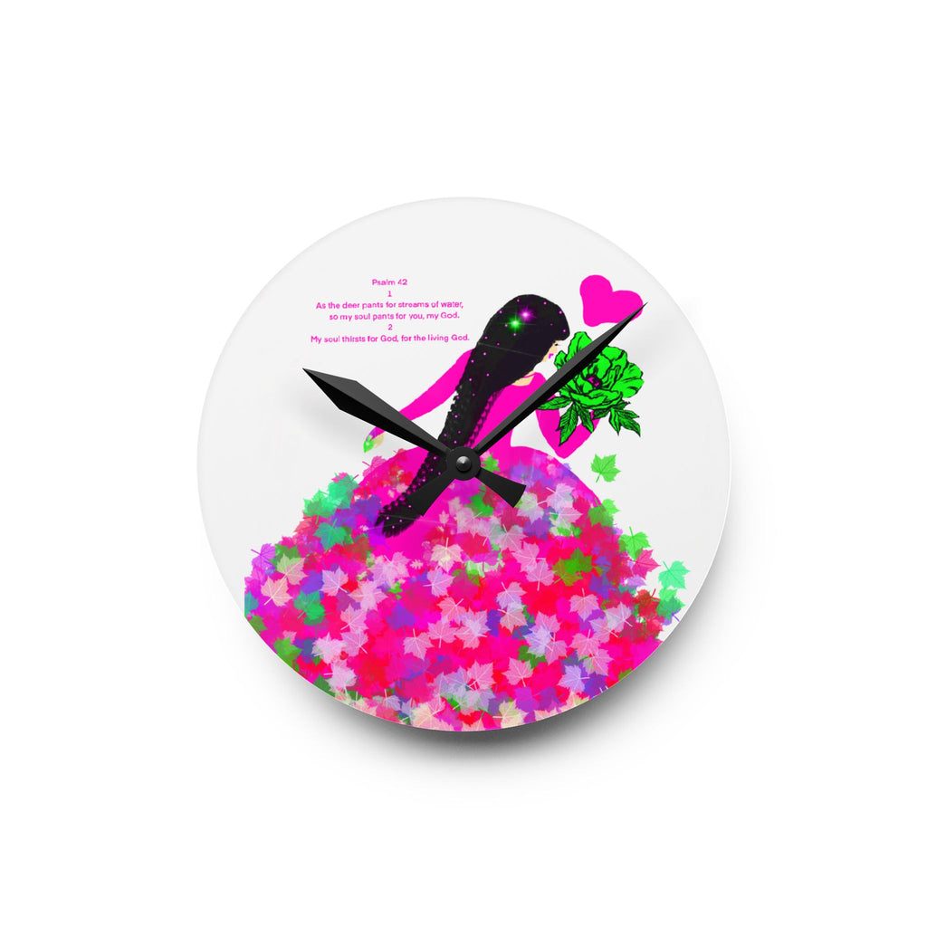 Acrylic Wall Clock — Floral Heart Girl Decorative Wall Clock with Pink Bouquet