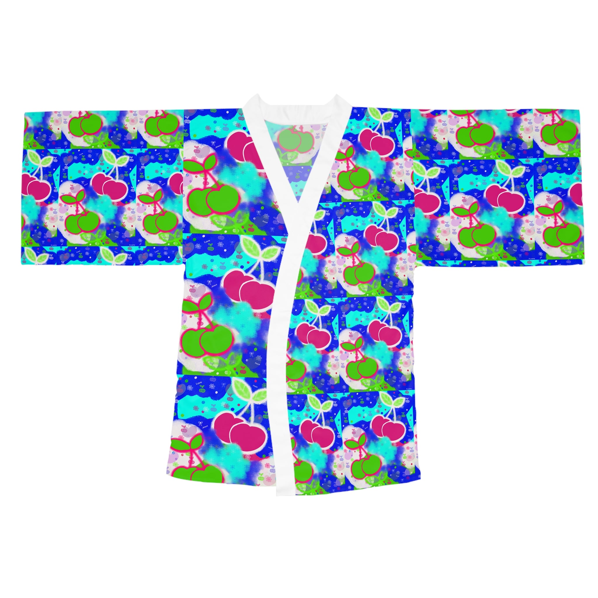 Cherry Pop Kimono Robe — Vibrant Blue All-Over Print Long Sleeve