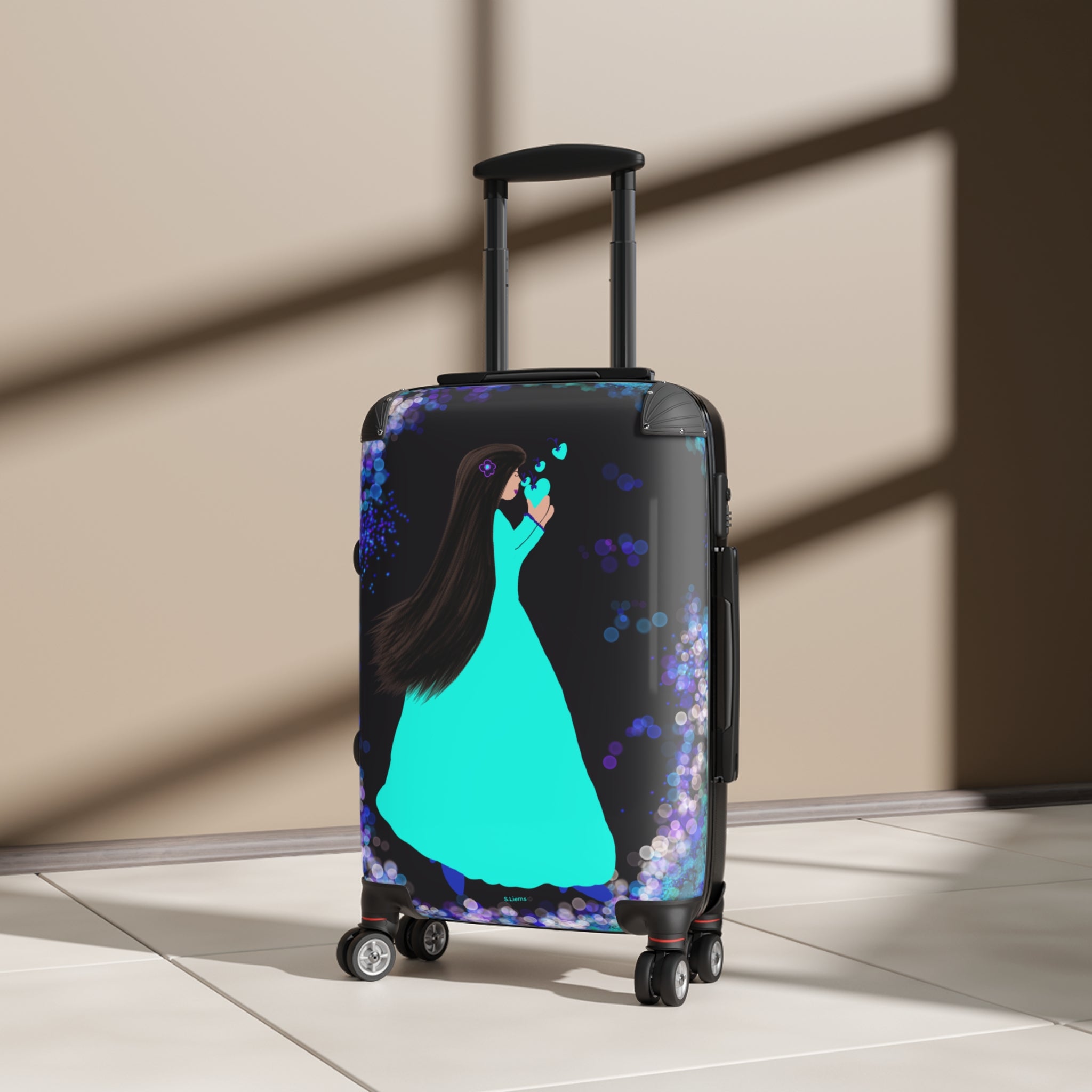 Travel Suitcase — Teal Dress Silhouette Luggage with Heart & Night Sky Design