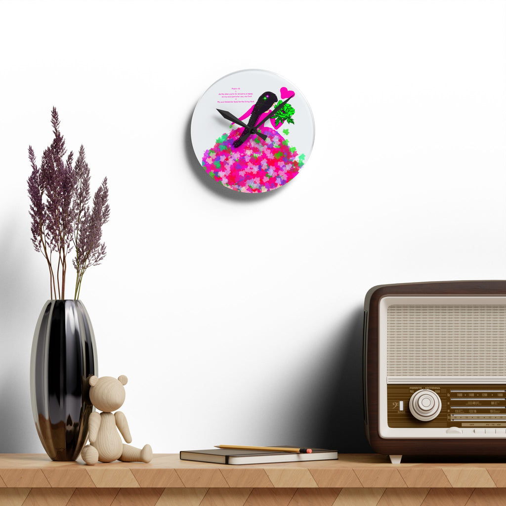 Acrylic Wall Clock — Floral Heart Girl Decorative Wall Clock with Pink Bouquet