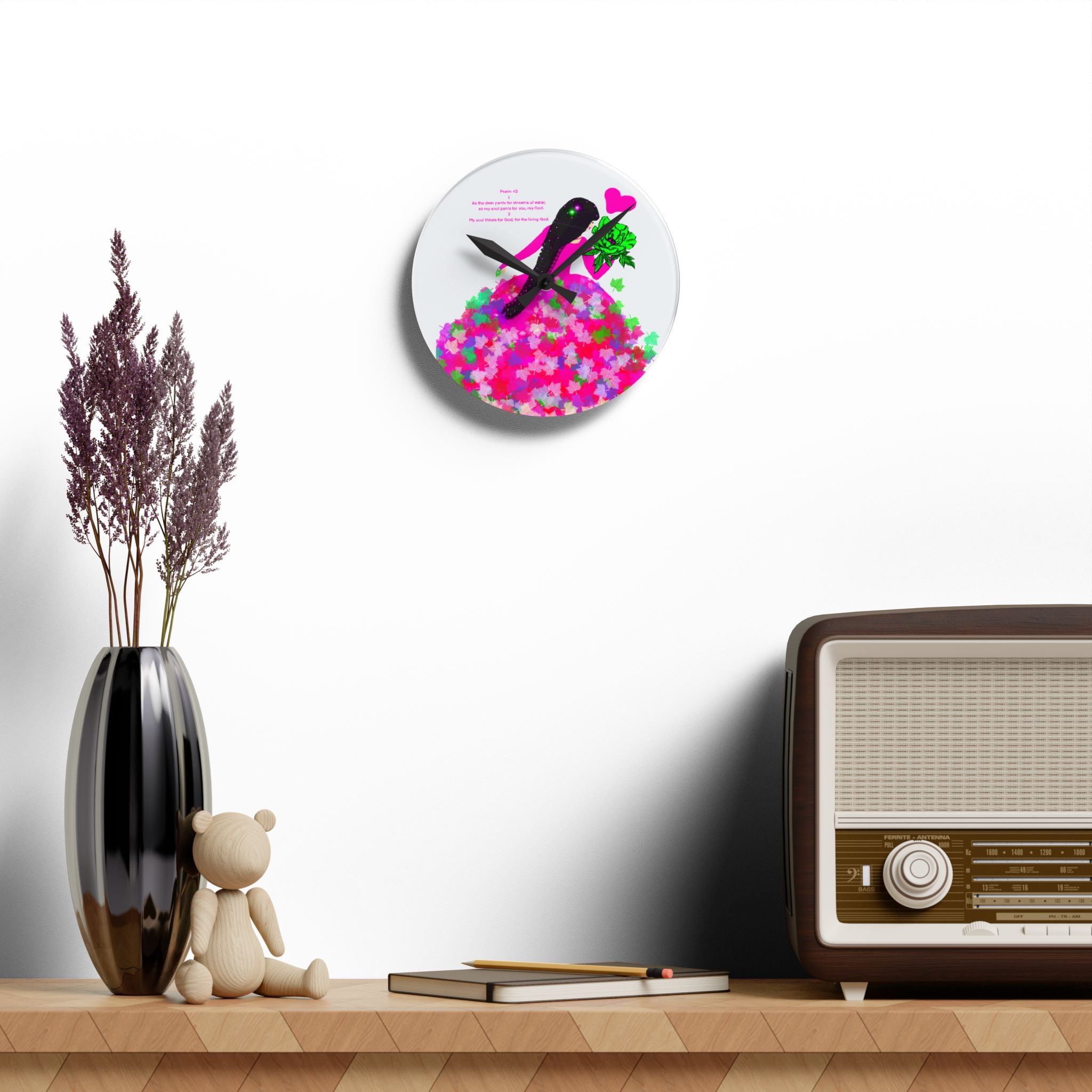 Acrylic Wall Clock — Floral Heart Girl Decorative Wall Clock with Pink Bouquet