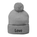 Embroidered "Love" Pom-Pom Beanie — Cozy Knit Winter Hat