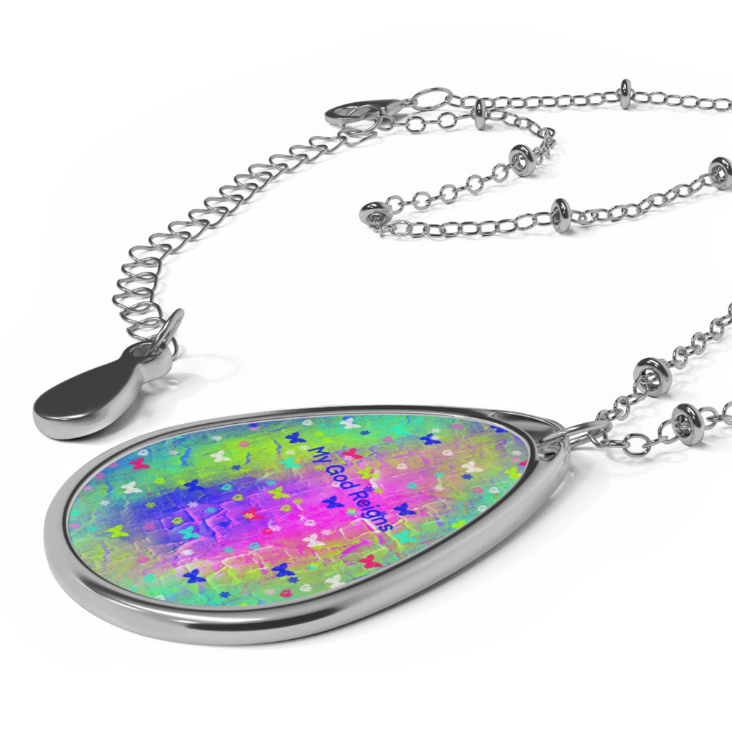 Inspirational Oval Pendant Necklace — 'My God Reign' Colorful Teardrop Charm