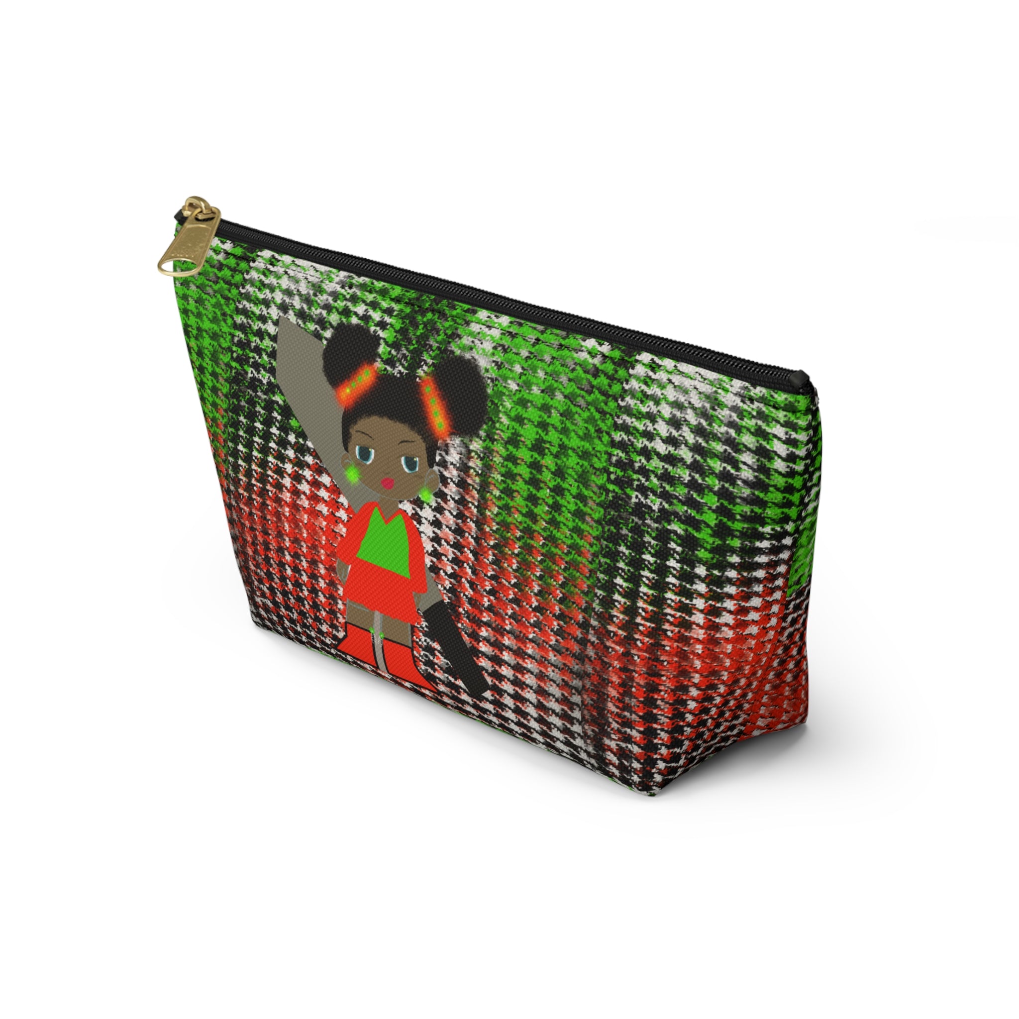 Accessory Pouch — Afro Girl Plaid Cosmetic Bag (Green & Red)