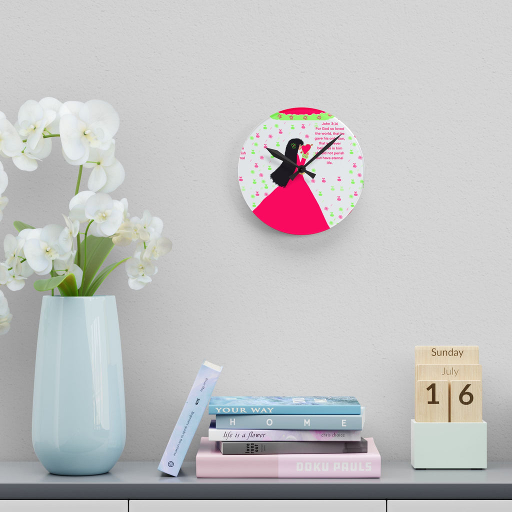 Christian Girl Acrylic Wall Clock — John 3:16 Floral Prayer Design